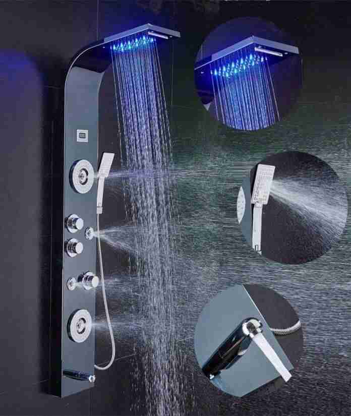 ELLO&ALLO Stainless Steel Shower Panel Tower System LED Rainfall Waterfall Shower Head