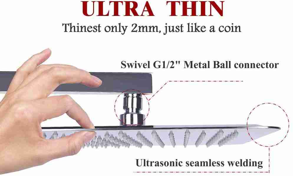 Hiendure High Pressure Ultra-Thin 304 Stainless Steel Square Rain Shower head Chrome