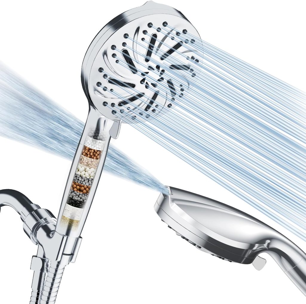 High Pressure Shower Head with Handheld - Filtered Shower Head with Pause and Jet 𝟏𝟎 Spray Modes, 5 Inch Removable Powerful High Pressure Showerhead with Extra Long Hose and Detachable Filter Wand