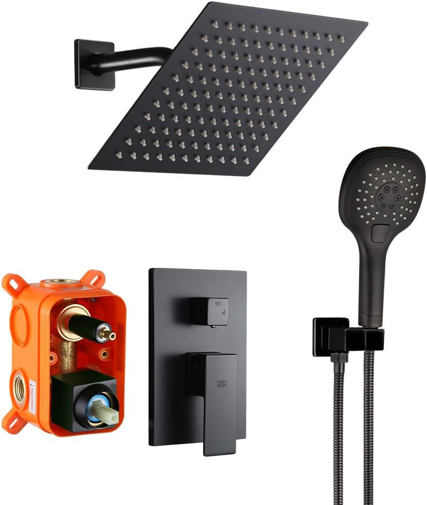 POP SANITARYWARE Black Shower System Bathroom Rainfall Shower Faucet Set Complete Wall Mounted 8 Inch Shower Head and Handle Set with Rough-in Valve Body and Trim Kit
