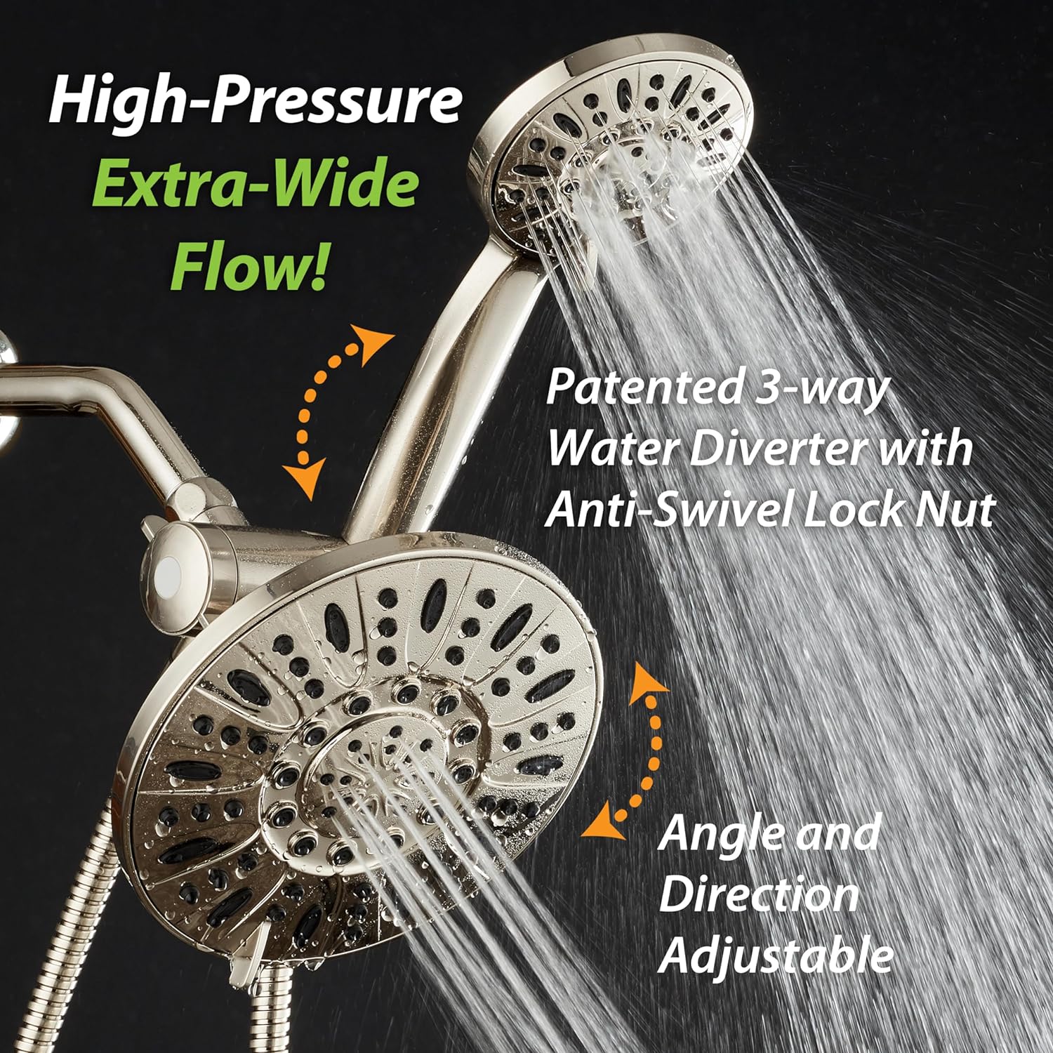 AquaDance 7 Premium High Pressure 3-Way Rainfall Combo with Stainless Steel Hose – Enjoy Luxurious 6-setting Rain Shower Head and Hand Held Shower Separately or Together – Brushed Nickel Finish