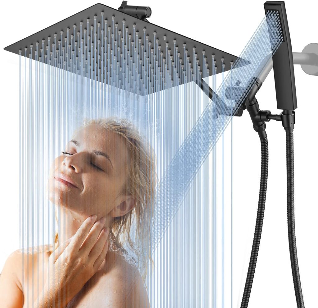 HotQing All Metal Dual Shower Head Combo | 12 Rainfall Shower Head | Shower Head with Handheld | Combined 3-way Diverter | with 15 Brass Adjustable Extension Arm - Matte Black