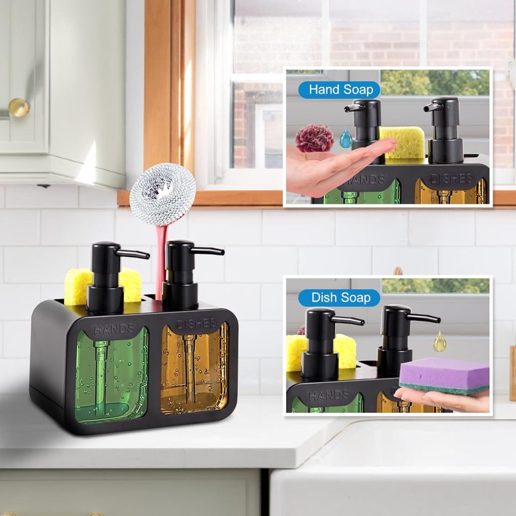 Kitchen Soap Dispenser Set, with Hand and Dish Soap, Sponge Caddy and Brush Holder 4-in-1 Kitchen Dual Soap Dispenser Set for Kitchen Sink, Bathroom (Black)