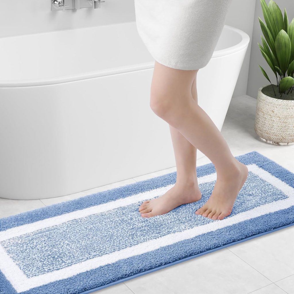 OLANLY Bathroom Rugs 24x16, Extra Soft and Absorbent Microfiber Bath Mat, Non-Slip, Machine Washable, Quick Dry Shaggy Bath Carpet, Suitable for Bathroom Floor, Tub, Shower (Grey and White)