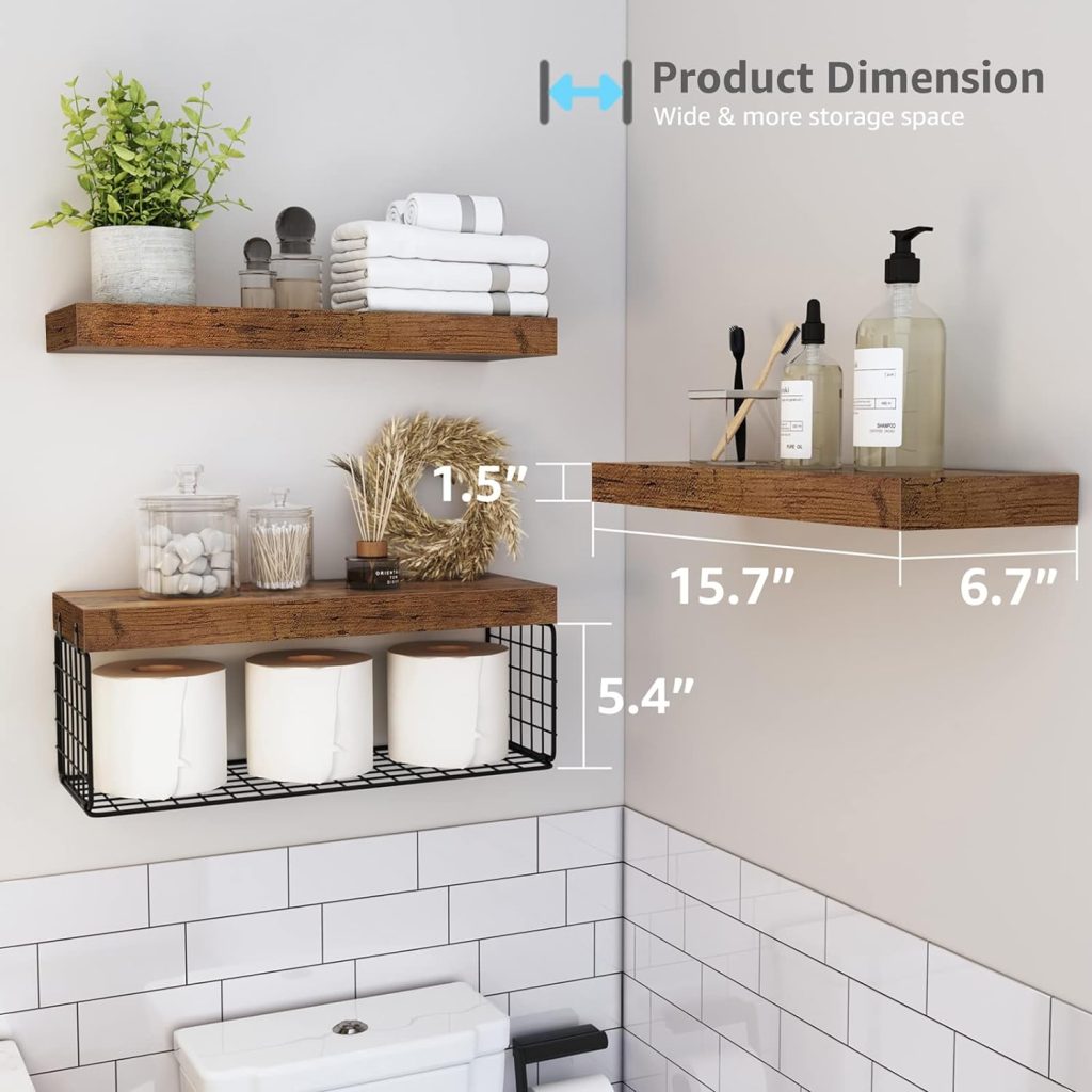 QEEIG Bathroom Shelves Over Toilet Wall Mounted Floating Shelves Farmhouse Shelf Toilet Paper Holder Small 16 inch Set of 3, Rustic Brown (019-BN3)