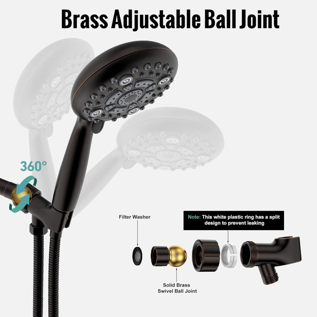 Shower Head, SR SUN RISE 6-Settings 5 High Pressure Handheld Shower Head Set with 2.45 Meter/96 Inch/ 8 FT Long Shower Hose and Shower Arm Mount with Brass Ball Joint,Chrome