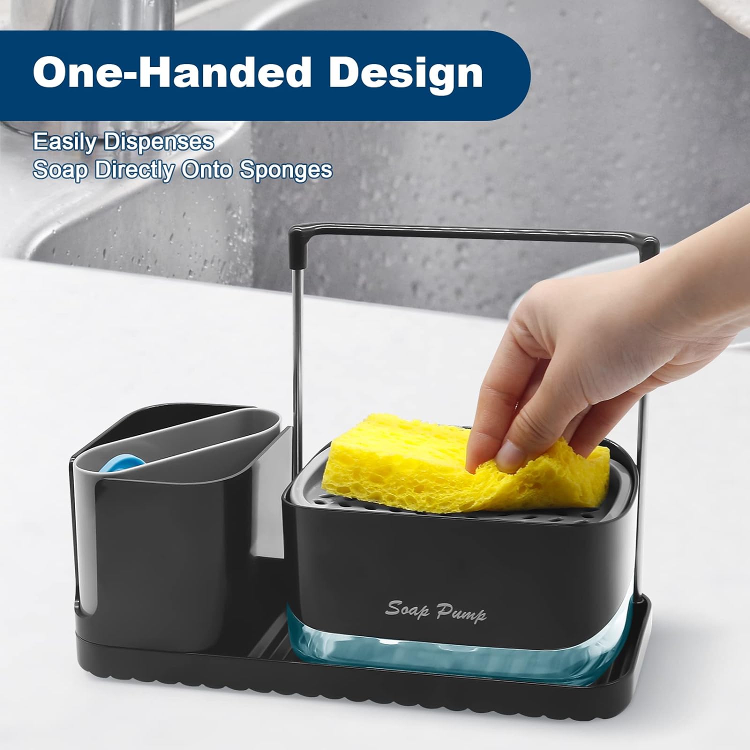Soap Dispenser with Sponge Holder, SYOUACEND Dish Soap Dispenser and Caddy Set 4-in-1 Sponge Holder for Kitchen Sink Caddy Organizer Detachable Soap Pump Dispensing with Brush Holder