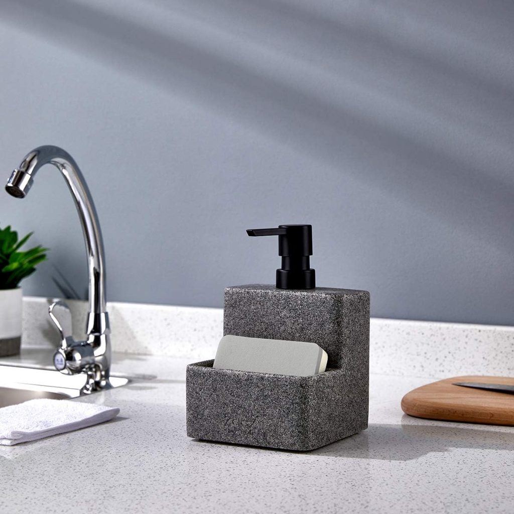 zccz Soap Dispenser with Sponge Holder, Marble Look Liquid Hand and Dish Soap Dispenser Pump Bottle and Sponge Holder 2 in 1 for Kitchen Sink Bathroom Counter Storage and Organization