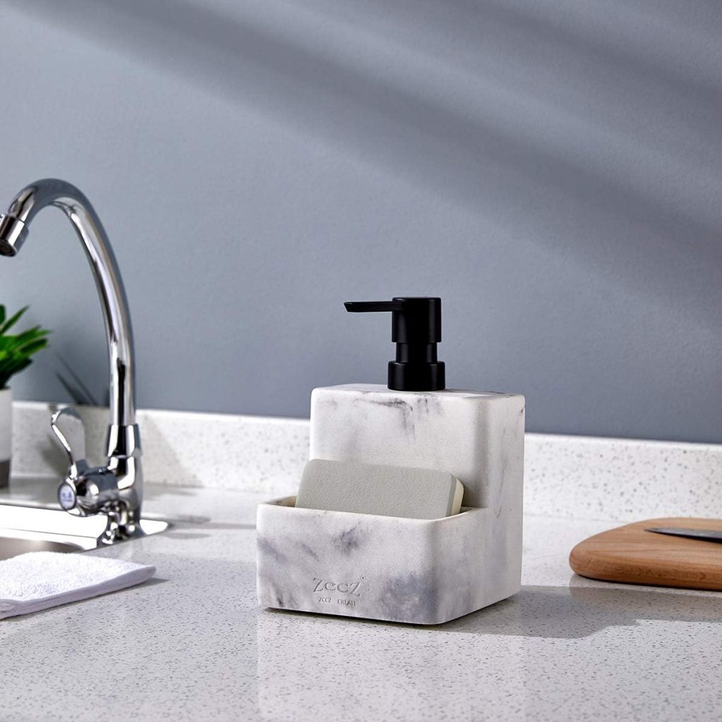 zccz Soap Dispenser with Sponge Holder, Marble Look Liquid Hand and Dish Soap Dispenser Pump Bottle and Sponge Holder 2 in 1 for Kitchen Sink Bathroom Counter Storage and Organization