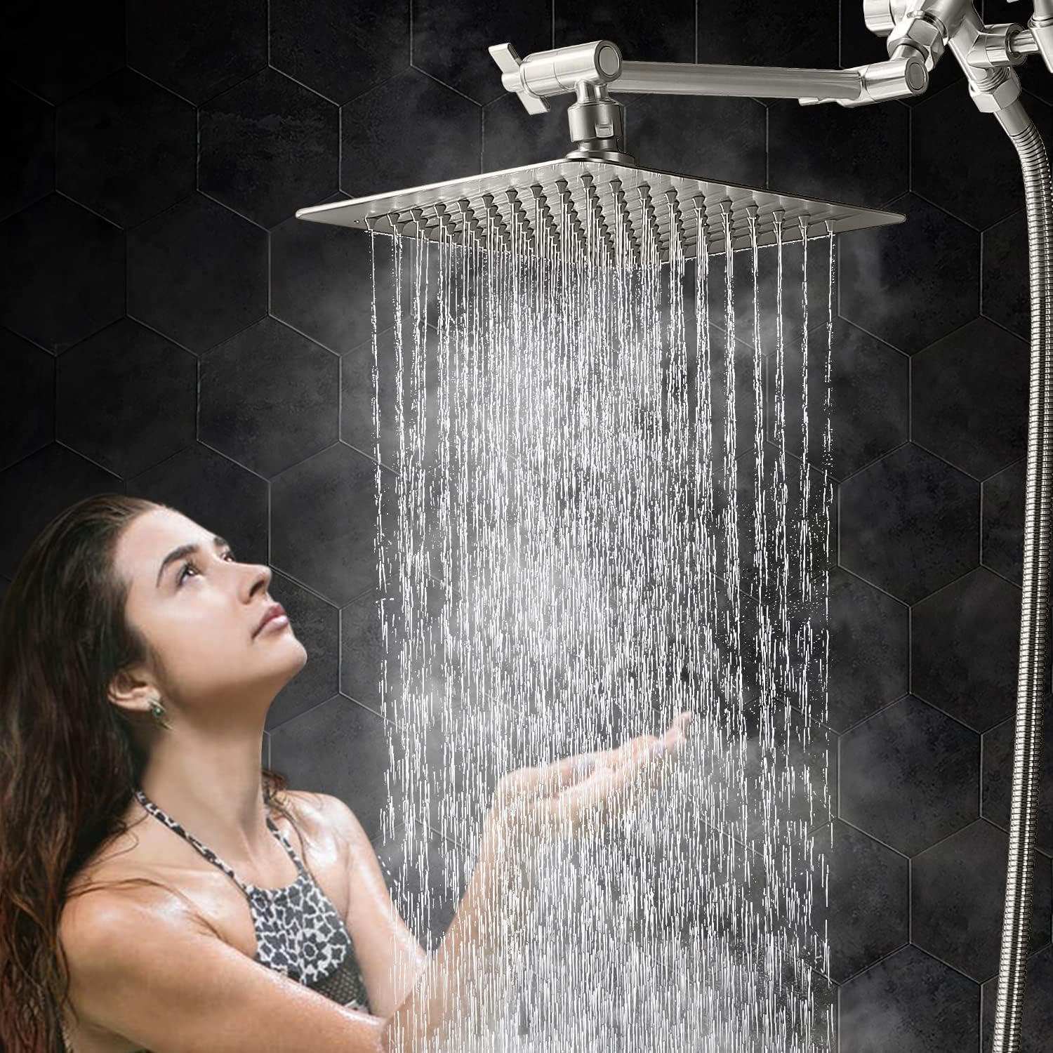 G-Promise All Metal Dual Square Rain Shower Head Combo - 8 | Handheld Shower Wand with 71 Extra Long Flexible Hose | Smooth 3-Way Diverter | Adjustable Extension Arm - A Bathroom Upgrade