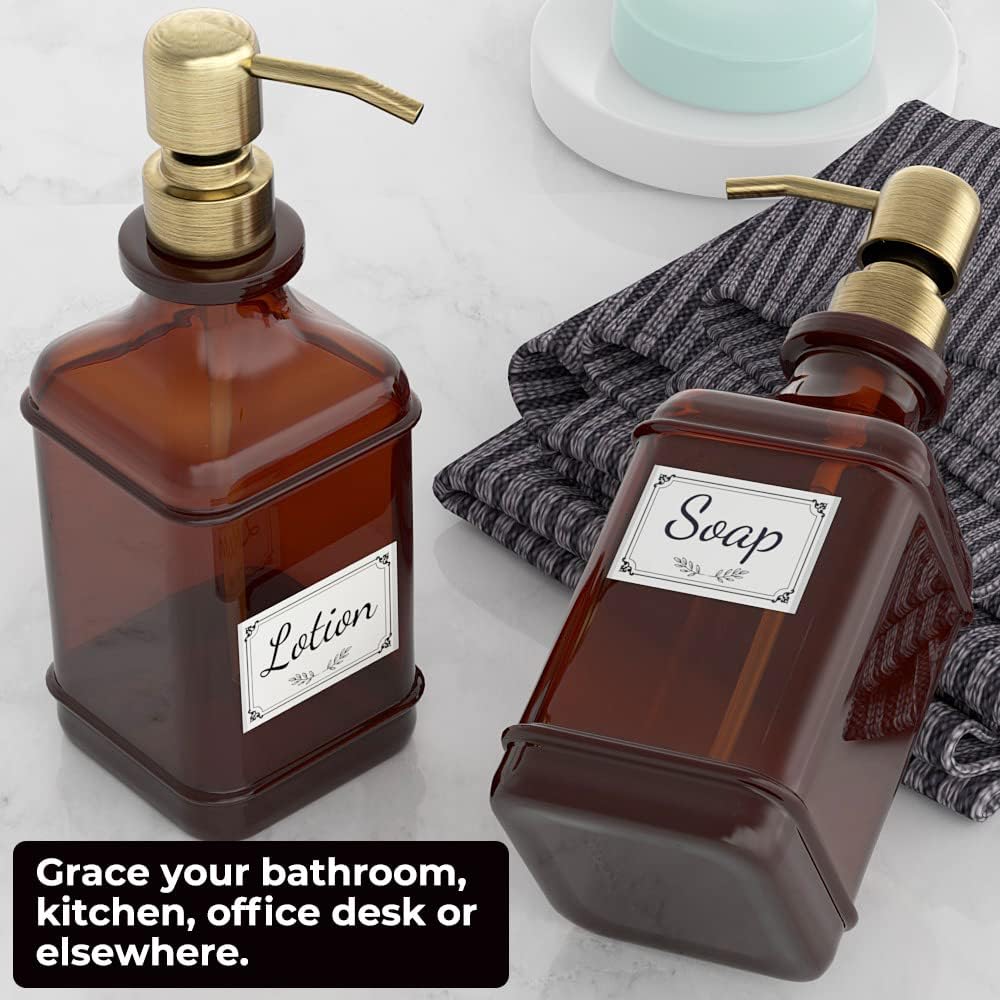 GLADPURE Soap Dispenser - 2 Pack, 18 Oz Antique Design Thick Glass Hand Dispensers; with 304 Rust Proof Stainless Steel Pump, 6Pcs Clear Stickers, for Kitchen, Bathroom Black
