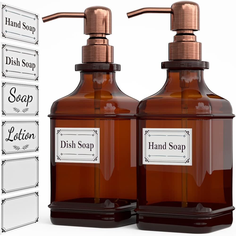 GLADPURE Soap Dispenser - 2 Pack, 18 Oz Antique Design Thick Glass Hand Soap Dispensers; with 304 Rust Proof Stainless Steel Pump, 6Pcs Clear Stickers, for Kitchen, Bathroom - Silver