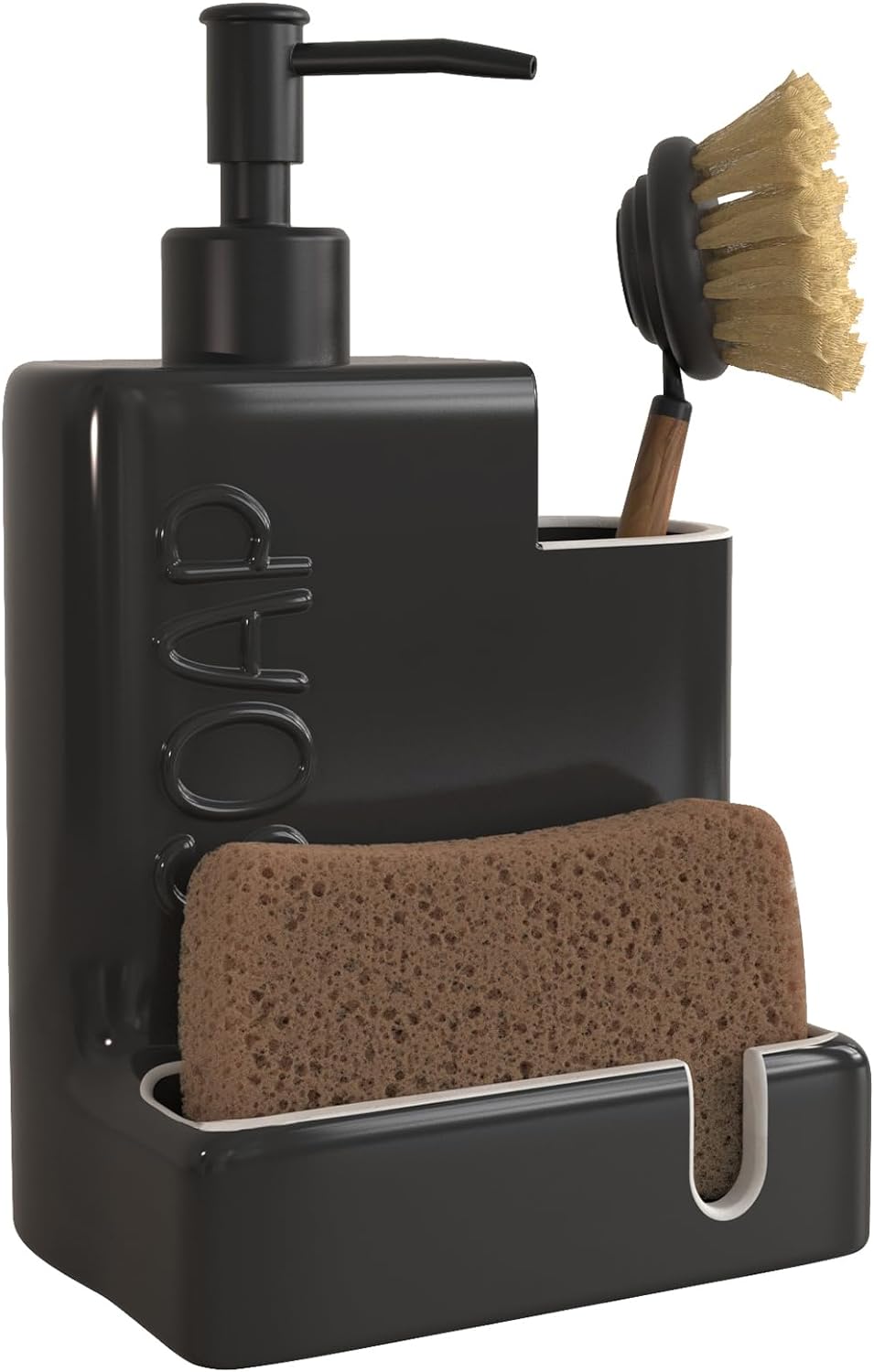 Karisky Soap Dispenser with Sponge Holder and Brush Holder, Ceramic Dish Soap Dispenser Pump, 3 in 1 Liquid Hand Soap Organizer with Funnel for Kitchen Sink Countertop, Matte Black