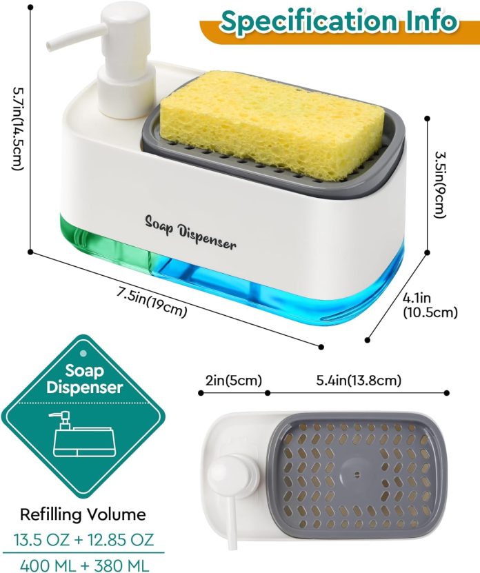 kitchen dish soap dispenser setdish and hand soap dispenser with sponge holder 3 in 1 countertop sponge dual soap pump d
