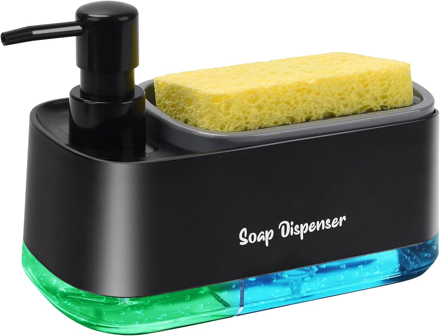 Kitchen Dish Soap Dispenser Set，Dish and Hand Soap Dispenser with Sponge Holder, 3-in-1 Countertop Sponge Dual Soap Pump Dispenser for Kitchen Sink - Black