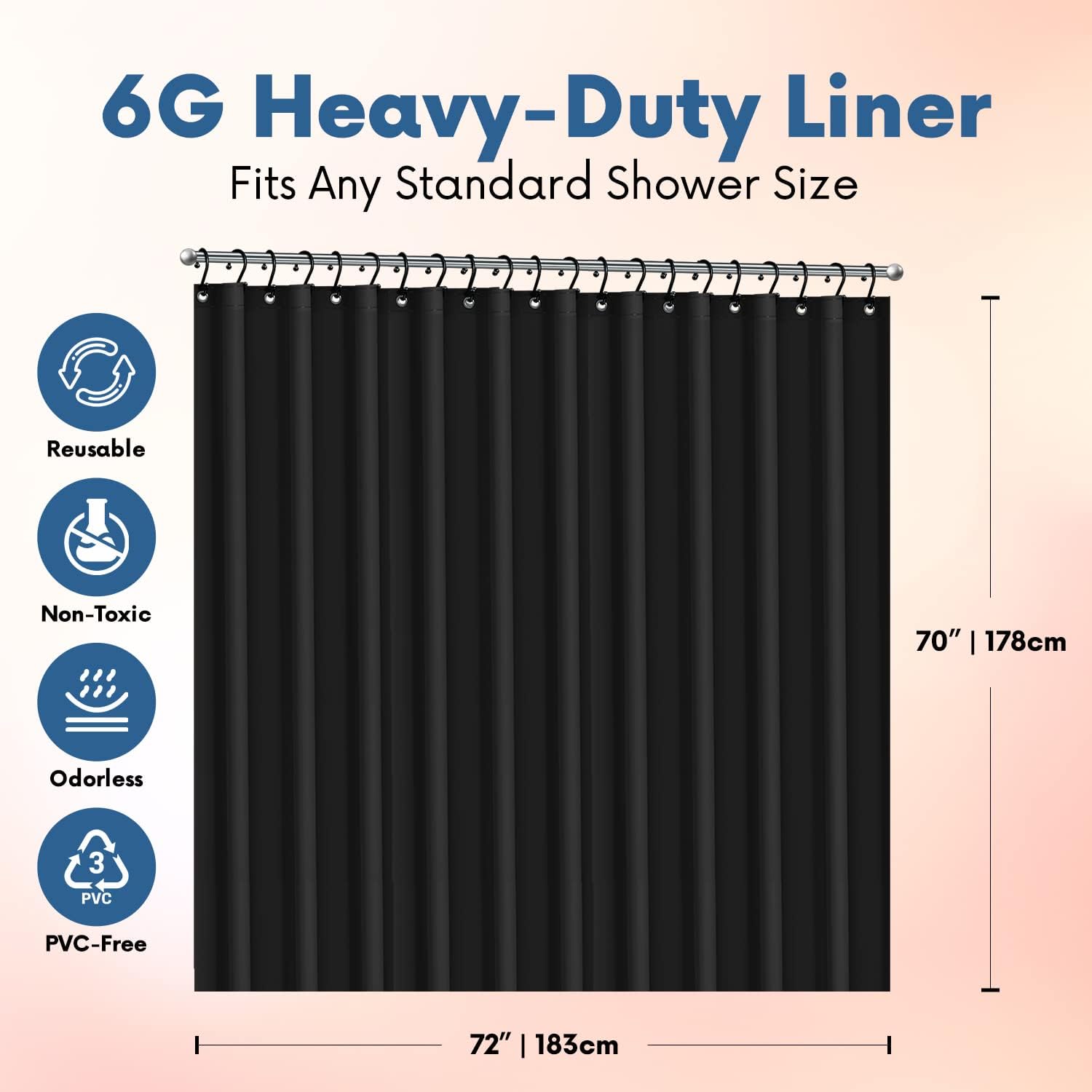 Premium Shower Curtain Liner, 72W X 72H - PVC-Free, 6G PEVA Shower Curtain with 12 Rust Proof Grommets And Magnet-weighted Bottom Hem - Moisture Stain Proof Shower Curtain Liner - Sand