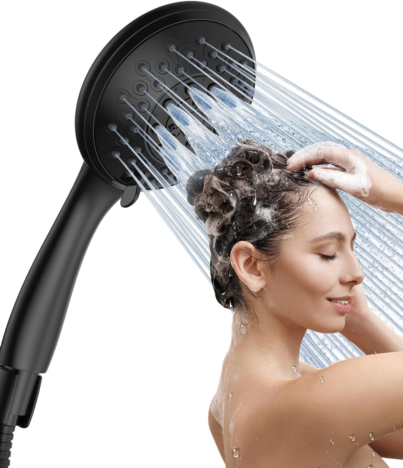 RAINVISTA High Pressure Handheld Shower Head - Matte Black - 6 Functions Detachable Bathroom Shower Head Set with Stainless Steel Hose and Adjustable Shower Arm Bracket