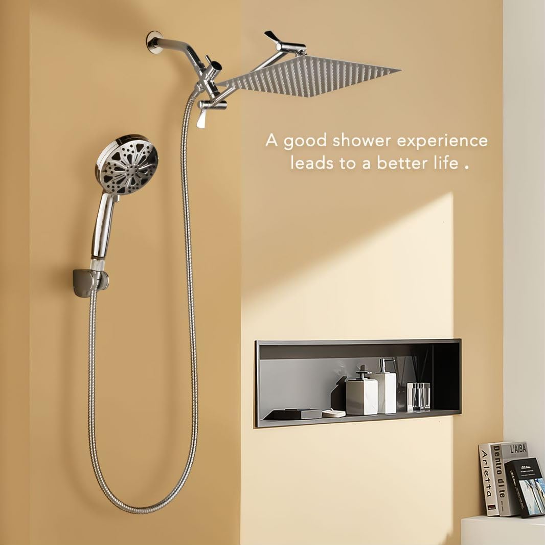 Razime 10 Rainfall Shower Head with Handheld Combo, Chrome Finish, 8+2 Mode, 11 Adjustable Extension Arm, 100 Self-Cleaning Nozzles, Modern Style, Chrome