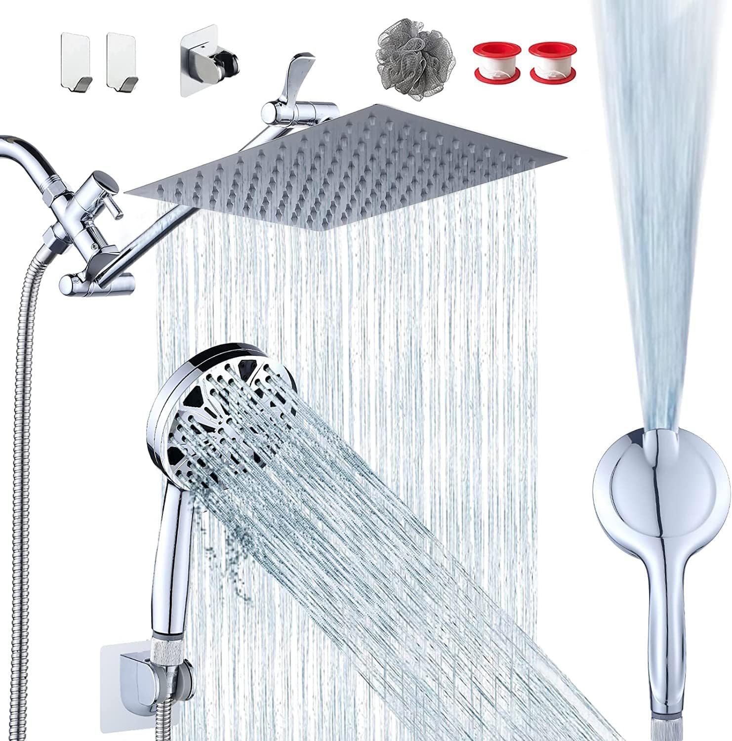 Razime 10 Rainfall Shower Head with Handheld Combo, Chrome Finish, 8+2 Mode, 11 Adjustable Extension Arm, 100 Self-Cleaning Nozzles, Modern Style, Chrome