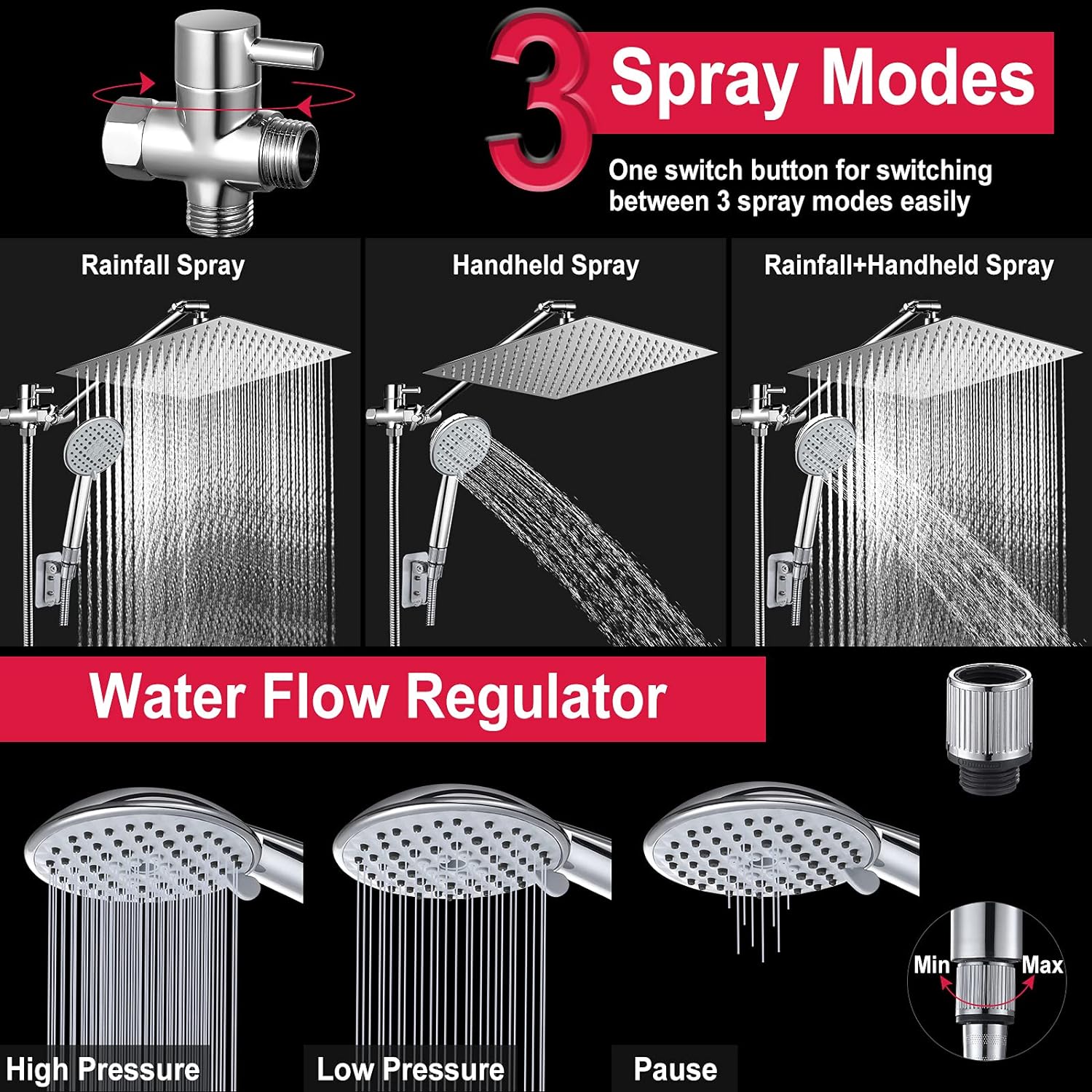 Shower Head, 12 Shower Head Combo, NERDON Dual Square Shower Head, Rainfall Shower Head with Handheld with 15 Brass Adjustable Extension Arm and Combined 3-Way Diverter - A Bathroom Upgrade