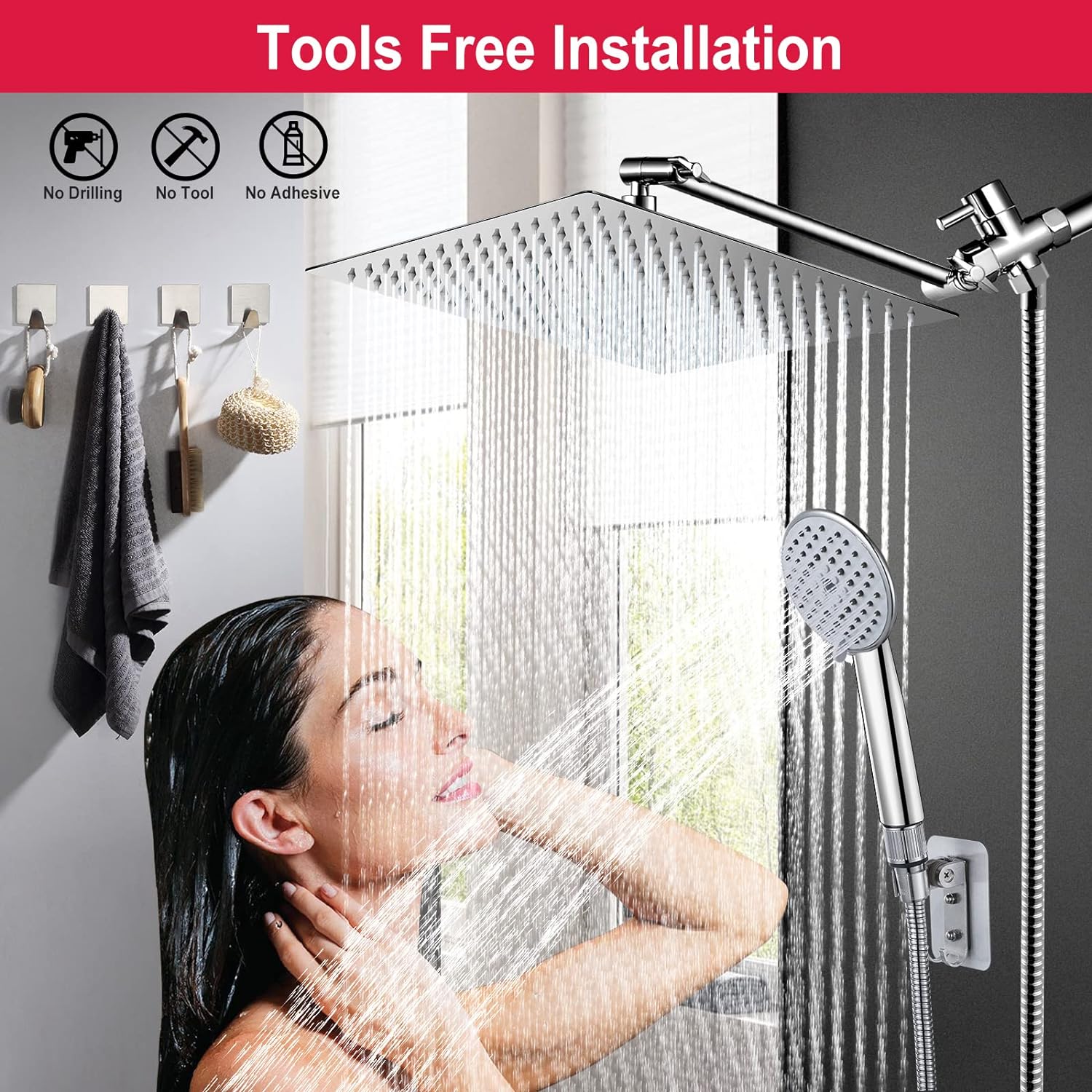 Shower Head, 12 Shower Head Combo, NERDON Dual Square Shower Head, Rainfall Shower Head with Handheld with 15 Brass Adjustable Extension Arm and Combined 3-Way Diverter - A Bathroom Upgrade