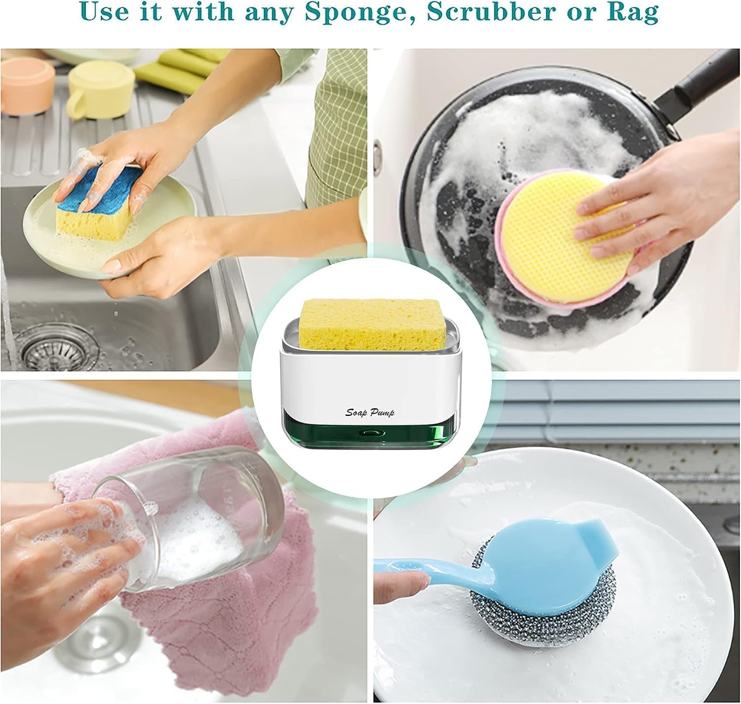 Soap Dispenser - Premium Quality Dish Soap Dispenser for Kitchen - Sponge Holder Sink Dish Washing Soap Dispenser 13 Ounces White