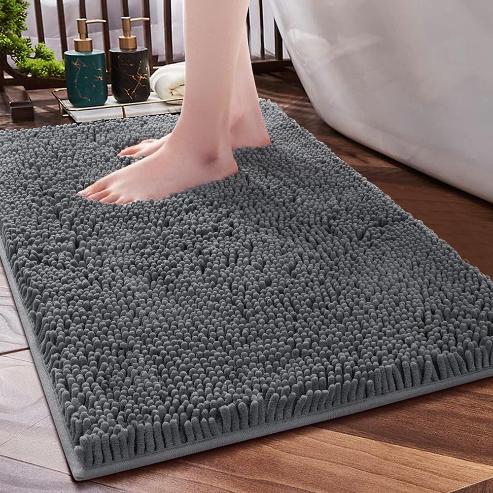 SONORO KATE Bathroom Rug 32×20, Non-Slip Bath Mat,Soft Cozy Shaggy Thick Chenille Bath Rugs for Bathroom,Plush Rugs for Bathtubs,Water Absorbent Rain Showers and Under The Sink (Dark Grey)