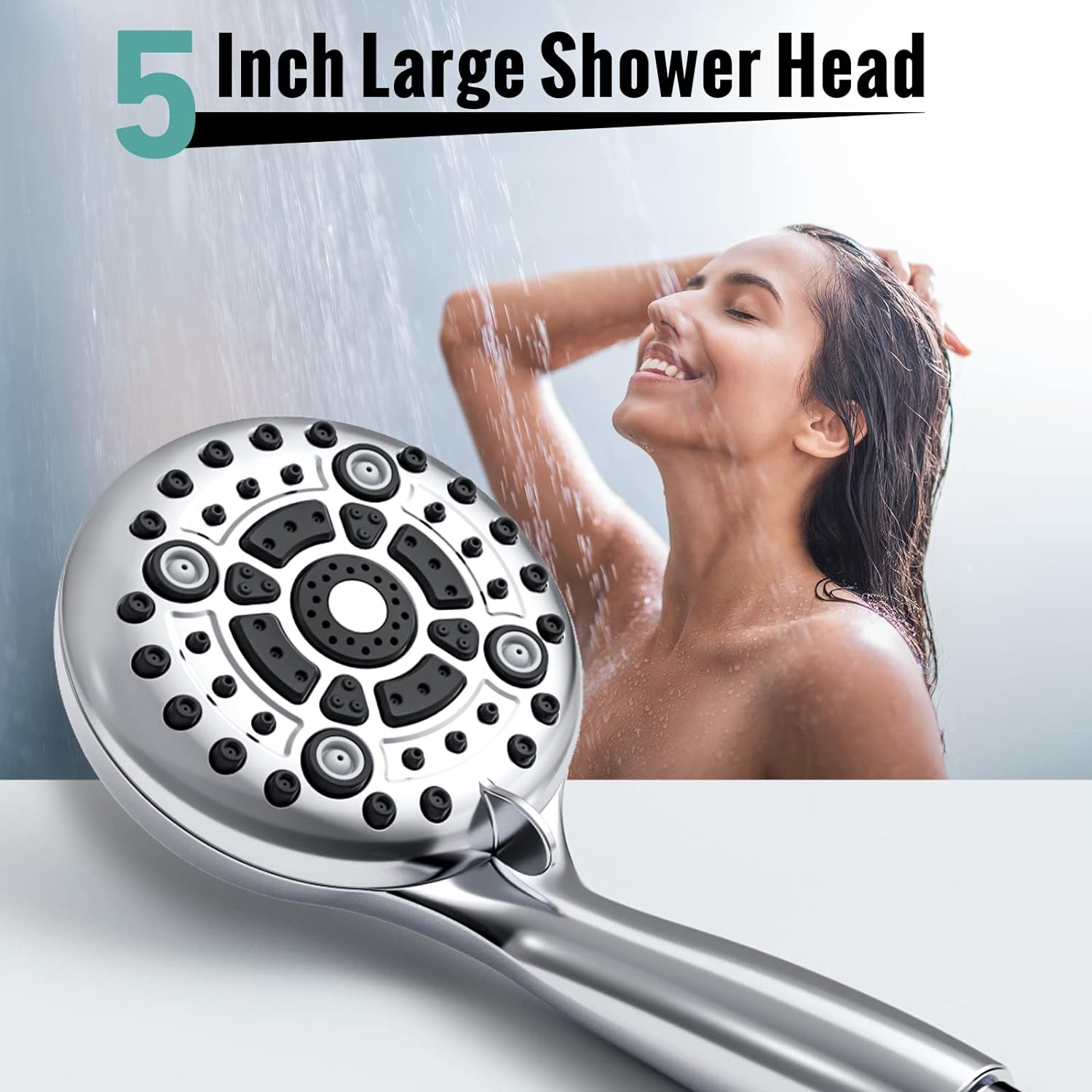 SR SUN RISE Shower Head 6-Settings 4.8 Inches High Pressure Shower Head with 1.8 Meter/71 Inch Long 304 Stainless Steel Shower Hose and Shower Arm Mount with Brass Ball Joint, Brushed Nickel