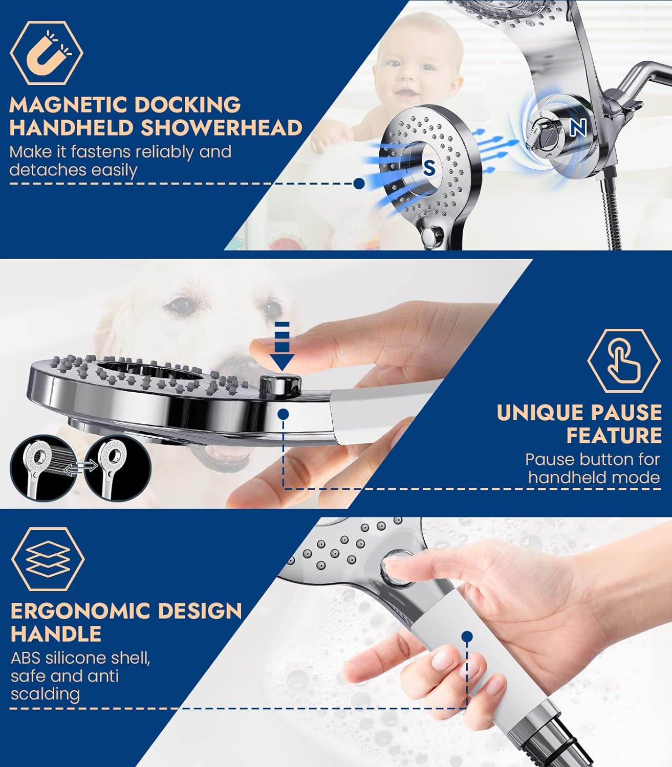 TWIMOST Dual Shower Head Combo: High Pressure 2 IN 1 Rainfall Shower Heads with Handheld Spray Combo - Magnetic Double Showerhead with 9 Spray Modes include 72 Stainless Steel Hose Brushed Nickel