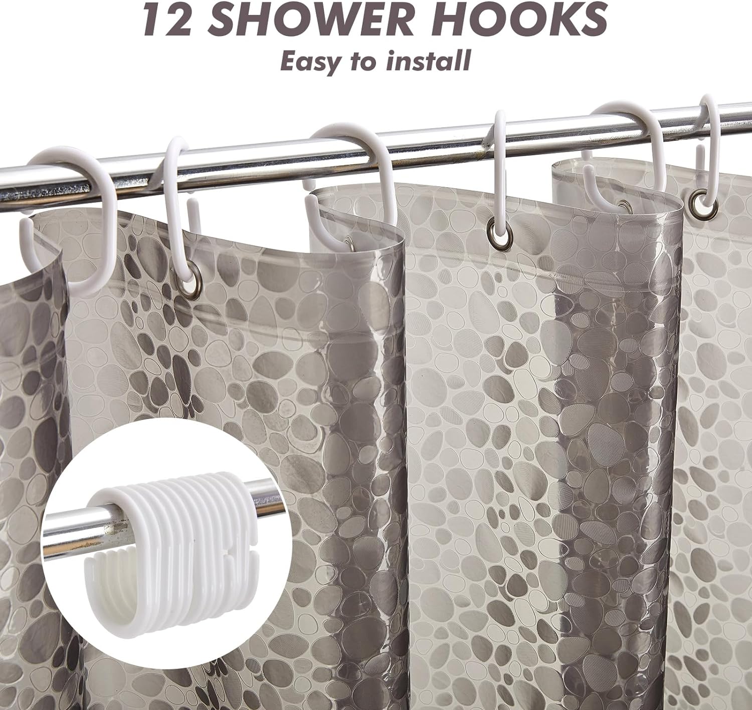 Waterproof Shower Curtain Liner 8G EVA Thick with Heavy Duty 3 Bottom Magnets, Shower Liner for Shower Stall, Bathtubs, 3D Pebble Pattern, 72 x 72,12 Hooks