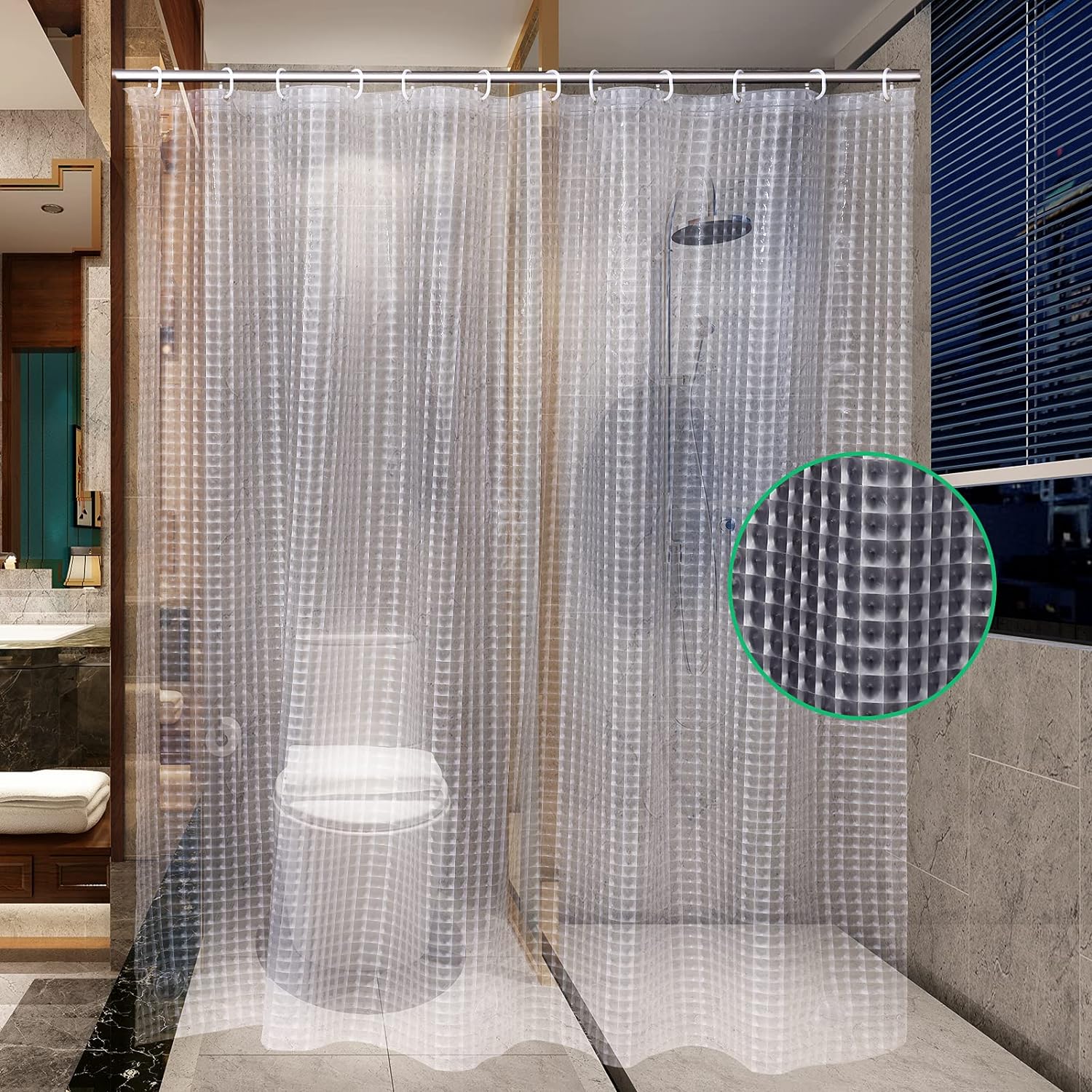 Waterproof Shower Curtain Liner 8G EVA Thick with Heavy Duty 3 Bottom Magnets, Shower Liner for Shower Stall, Bathtubs, 3D Pebble Pattern, 72 x 72,12 Hooks