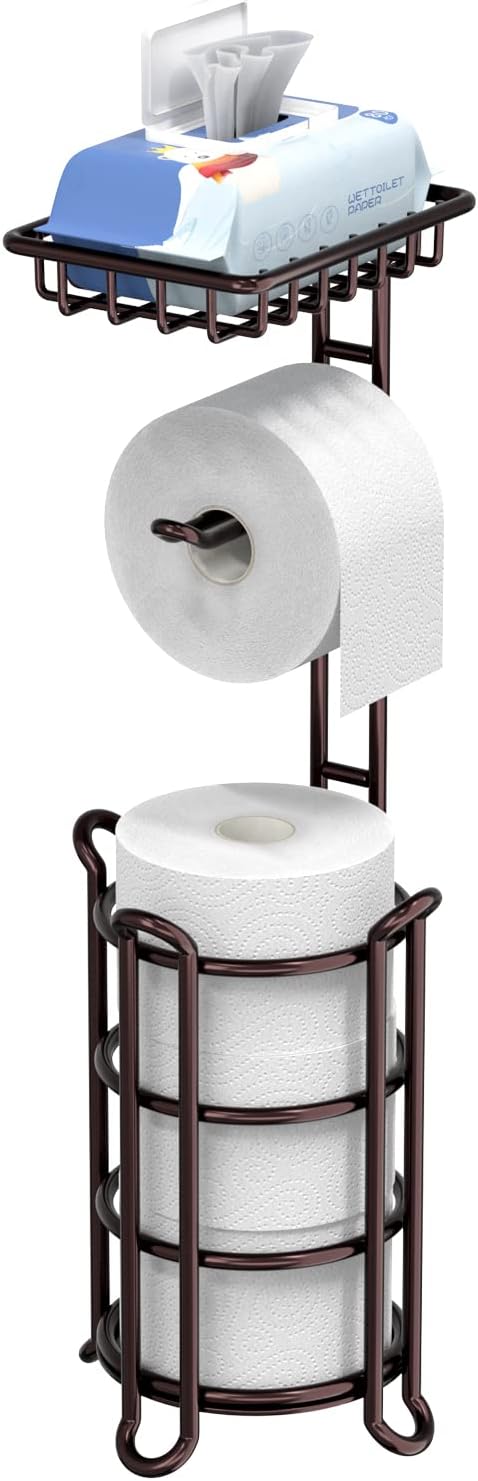 Toilet Paper Holder Stand Tissue Paper Roll Dispenser with Shelf for Bathroom Storage Holds Reserve Mega Rolls-Bronze