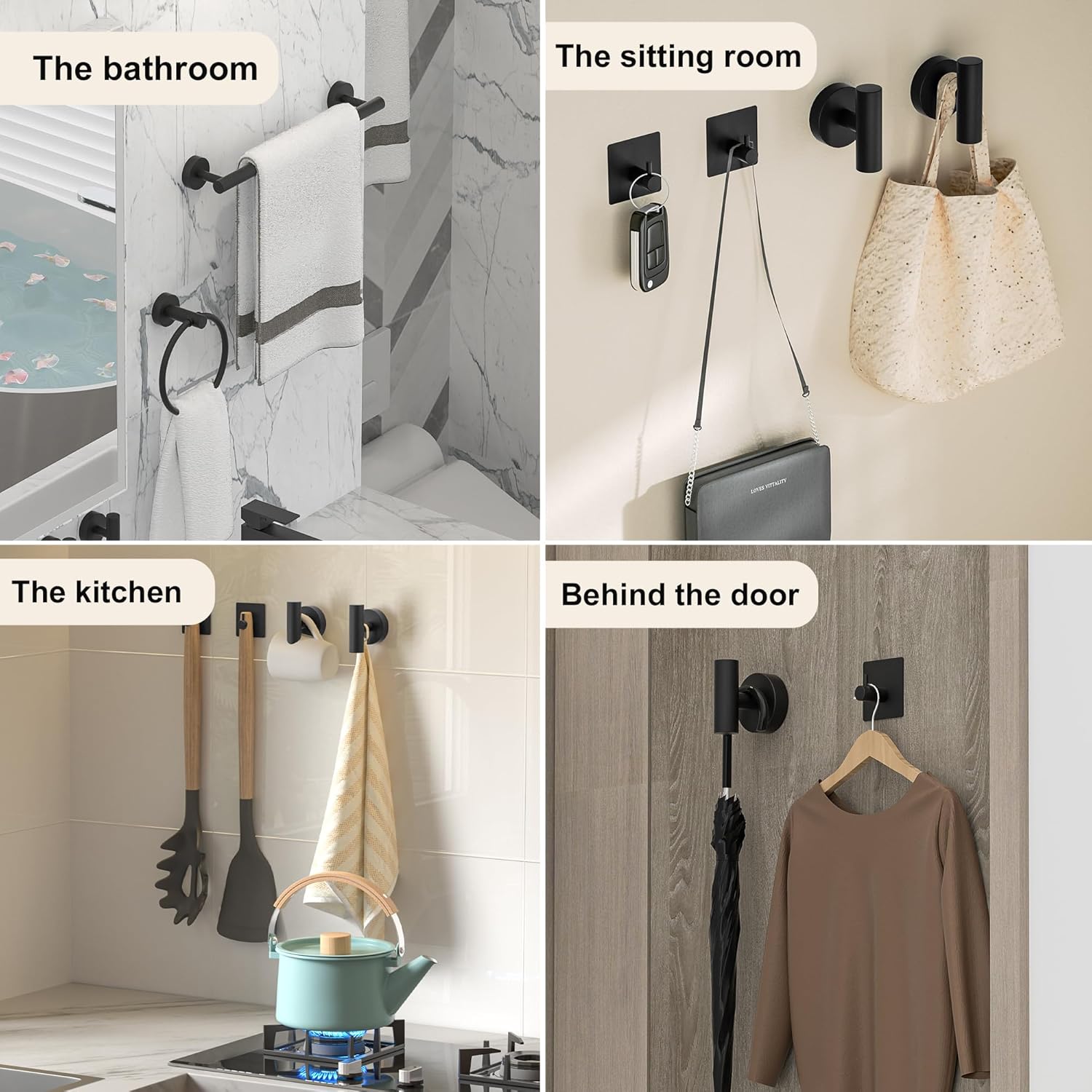 Bathroom Hardware Set 14 Pieces, Black Bathroom Accessories Set Including 24 inch and 16 inch Towel bar, Towel Ring, Toilet Paper Holder and Towel Hooks