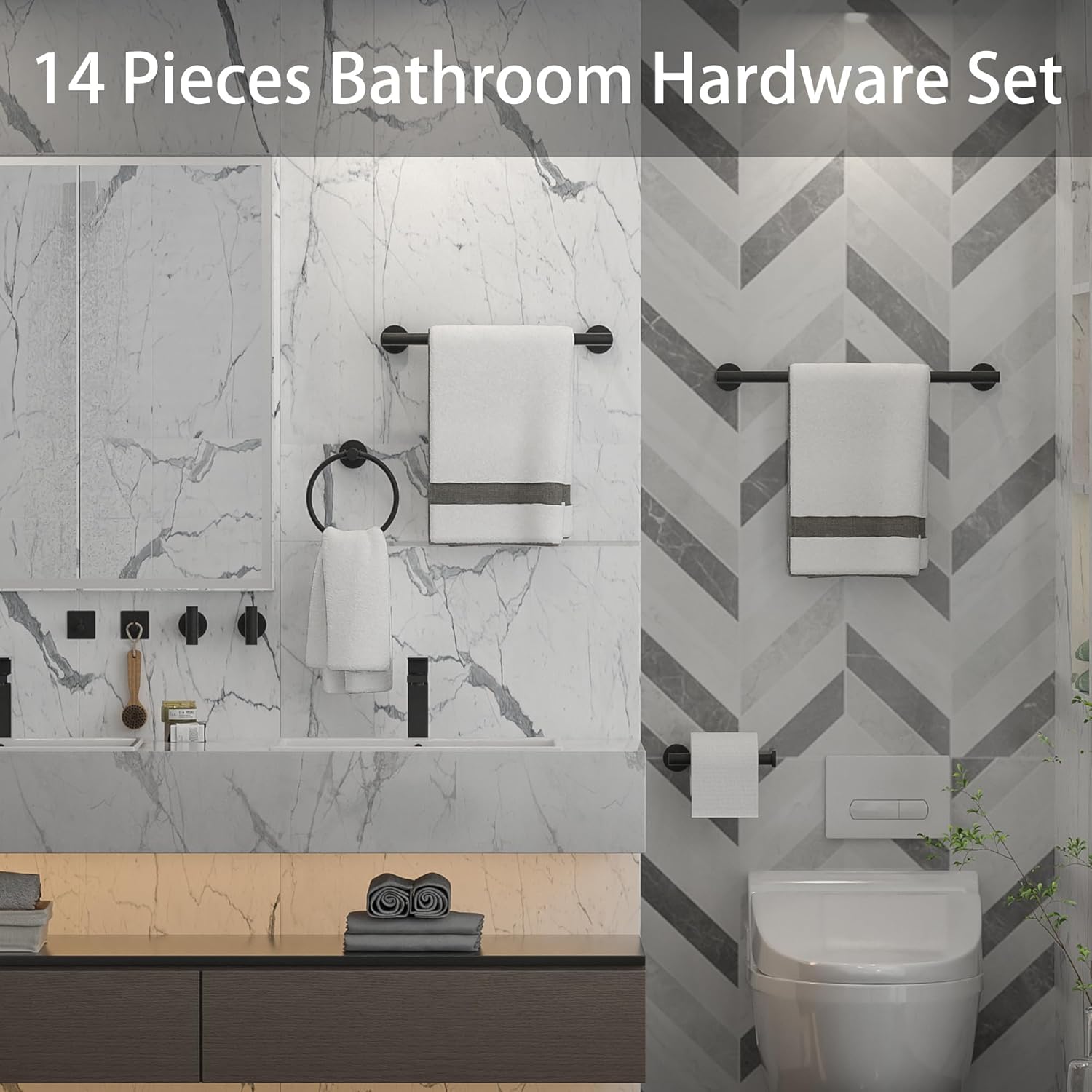Bathroom Hardware Set 14 Pieces, Black Bathroom Accessories Set Including 24 inch and 16 inch Towel bar, Towel Ring, Toilet Paper Holder and Towel Hooks