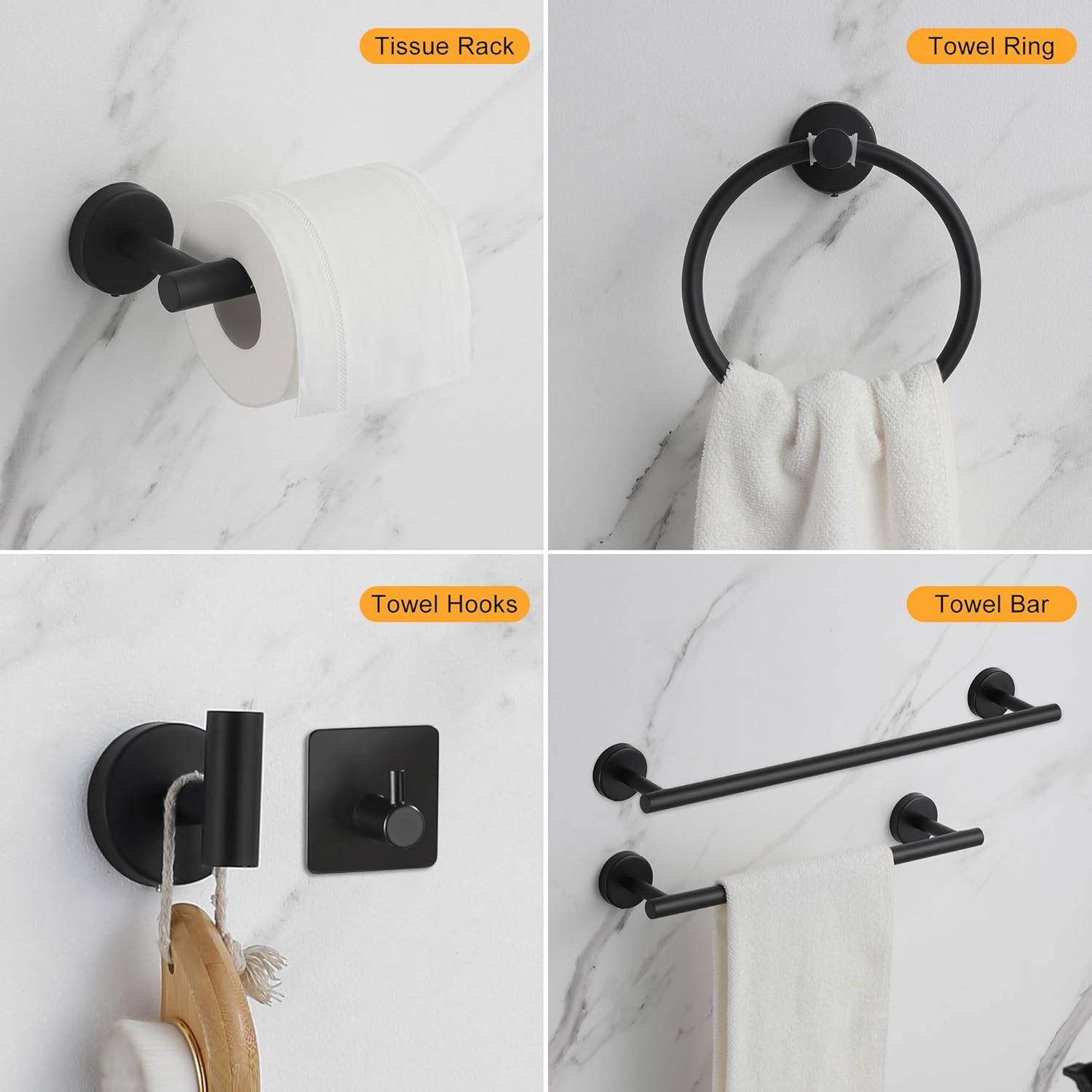Bathroom Hardware Set 14 Pieces, Black Bathroom Accessories Set Including 24 inch and 16 inch Towel bar, Towel Ring, Toilet Paper Holder and Towel Hooks