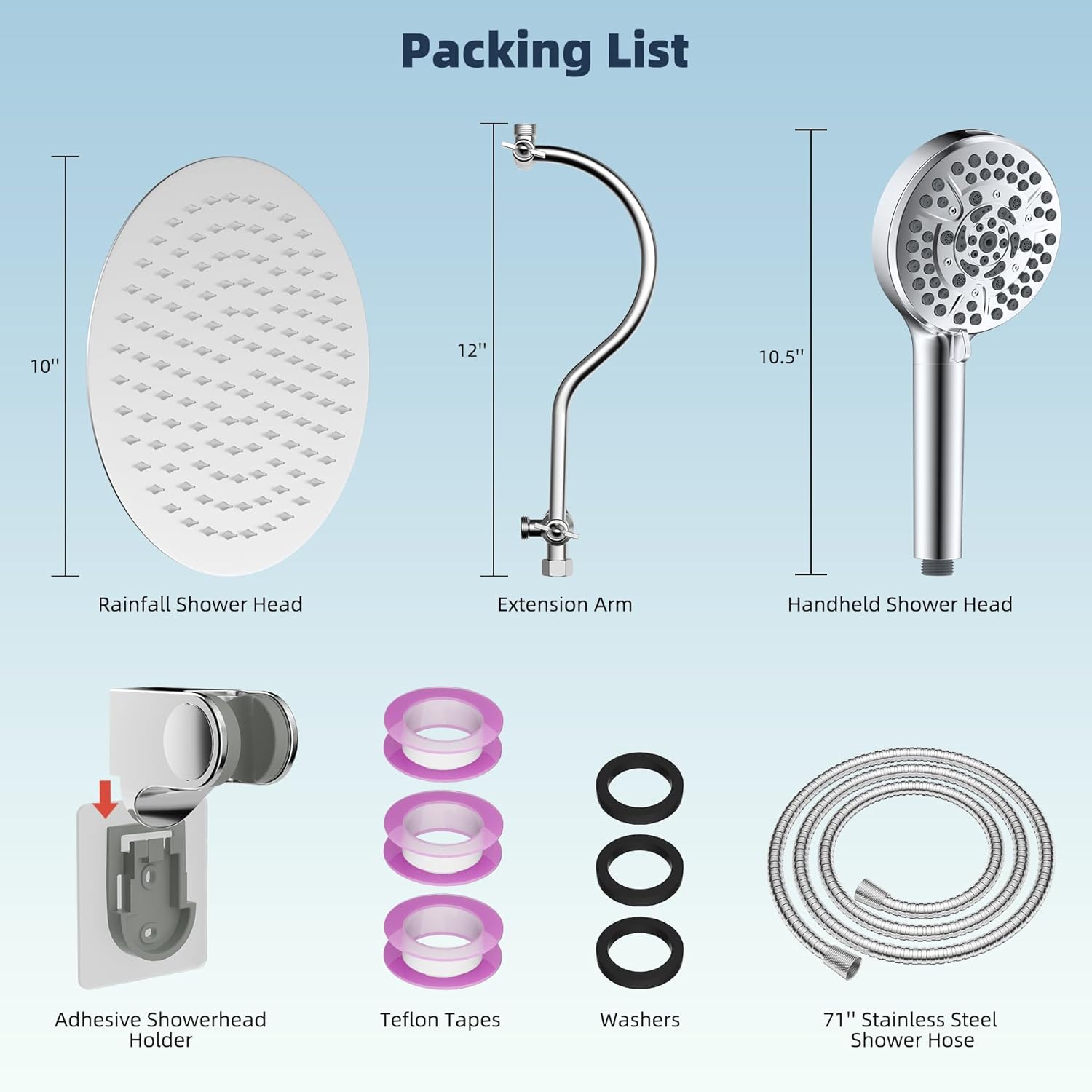 Hibbent All Metal Shower Head, 10 High Pressure Rainfall Shower Head/Handheld Showerhead Combo with 12 Adjustable Curve Shower Extension Arm, 10-Spray, 71 Shower Hose, Shower Head Holder, Chrome