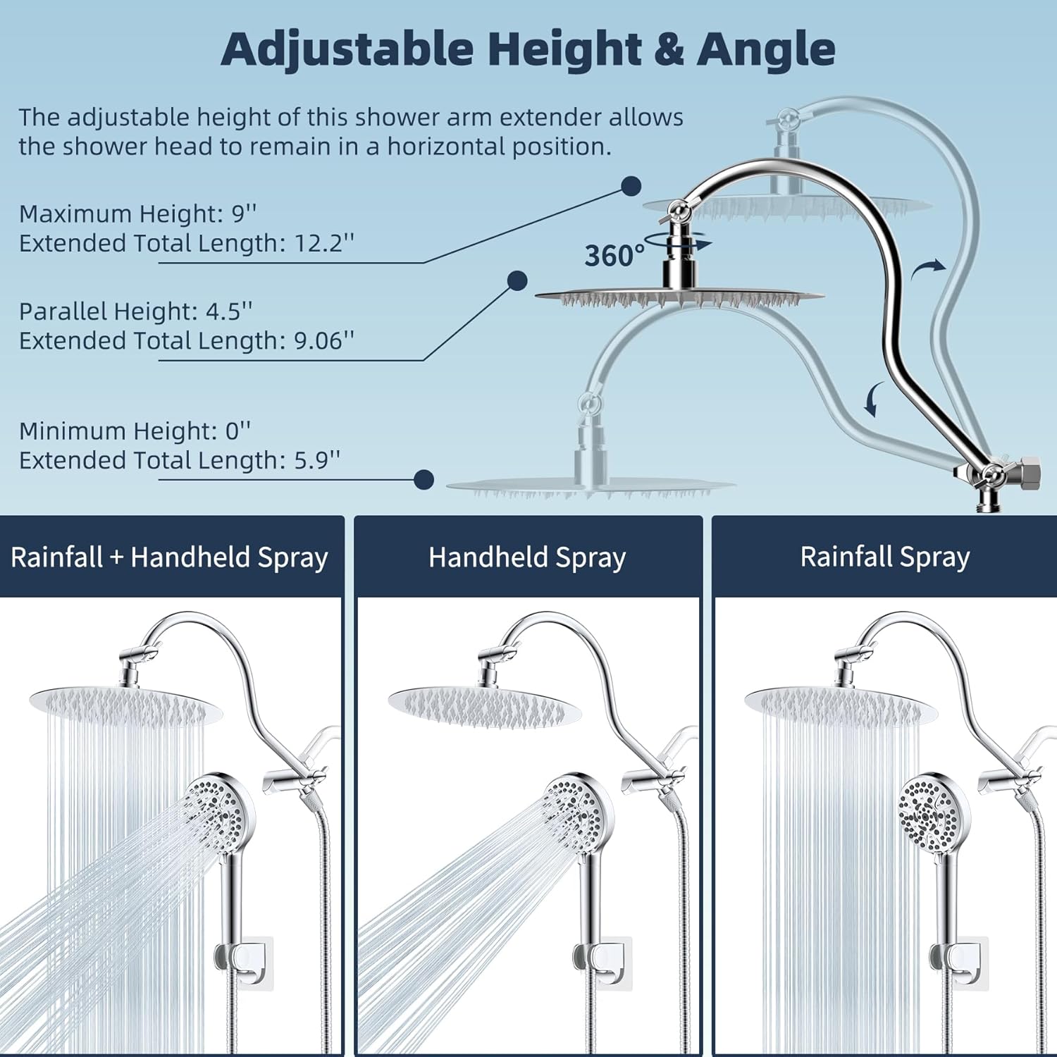 Hibbent All Metal Shower Head, 10 High Pressure Rainfall Shower Head/Handheld Showerhead Combo with 12 Adjustable Curve Shower Extension Arm, 10-Spray, 71 Shower Hose, Shower Head Holder, Chrome