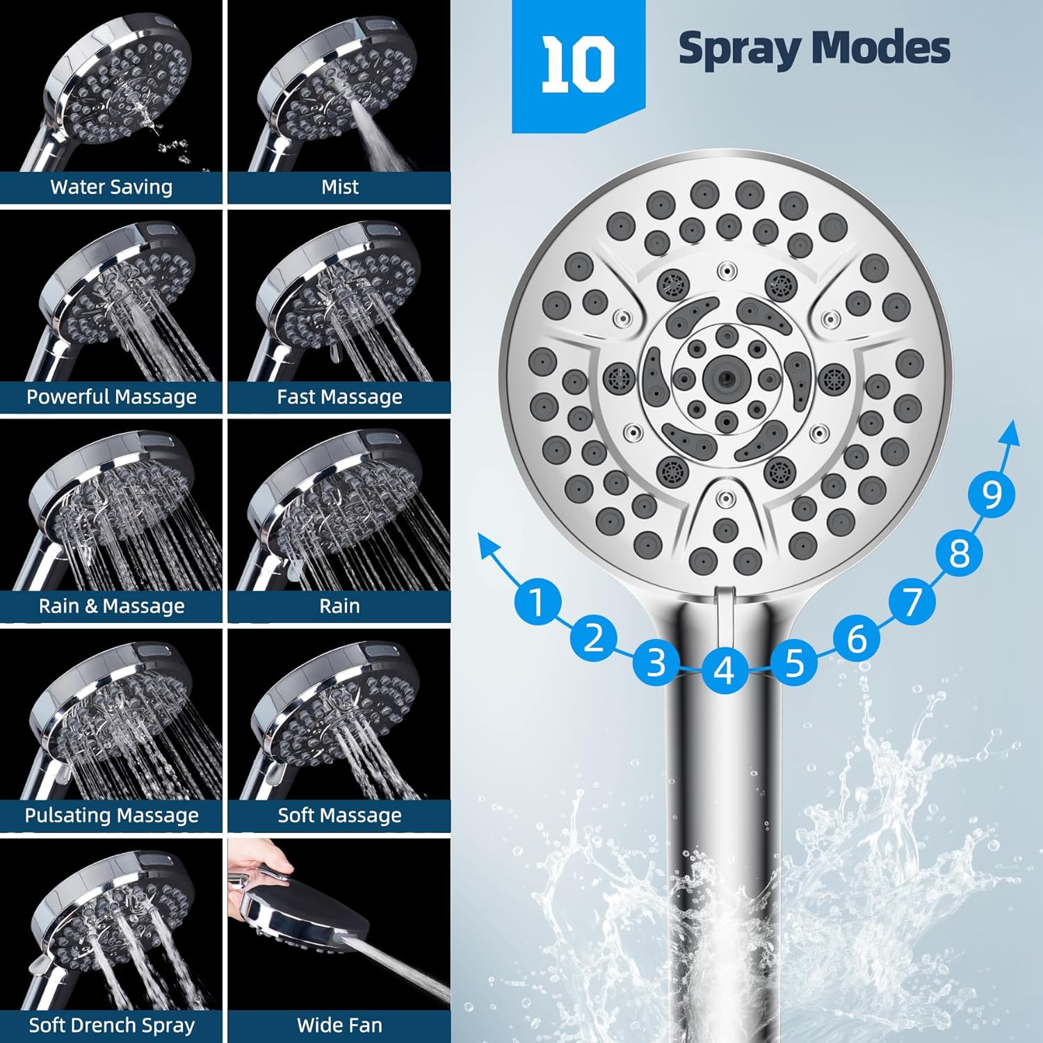 Hibbent All Metal Shower Head, 10 High Pressure Rainfall Shower Head/Handheld Showerhead Combo with 12 Adjustable Curve Shower Extension Arm, 10-Spray, 71 Shower Hose, Shower Head Holder, Chrome