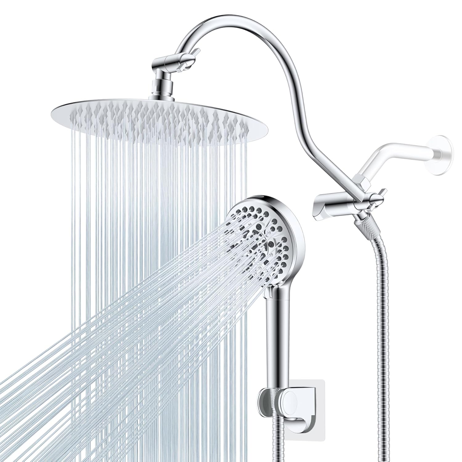 Hibbent All Metal Shower Head, 10 High Pressure Rainfall Shower Head/Handheld Showerhead Combo with 12 Adjustable Curve Shower Extension Arm, 10-Spray, 71 Shower Hose, Shower Head Holder, Chrome