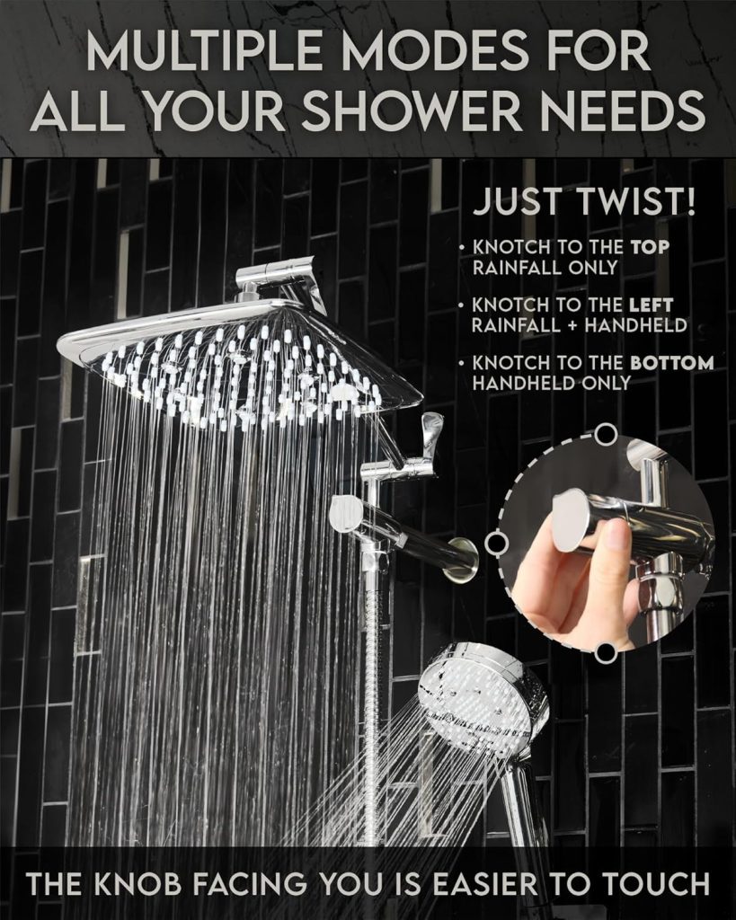 Veken High Pressure Rain Shower Head Combo with Extension Arm – Easy to Install, Adjustable Dual Showerhead with 3 Spray Modes  Anti-Clog Nozzles – Chrome