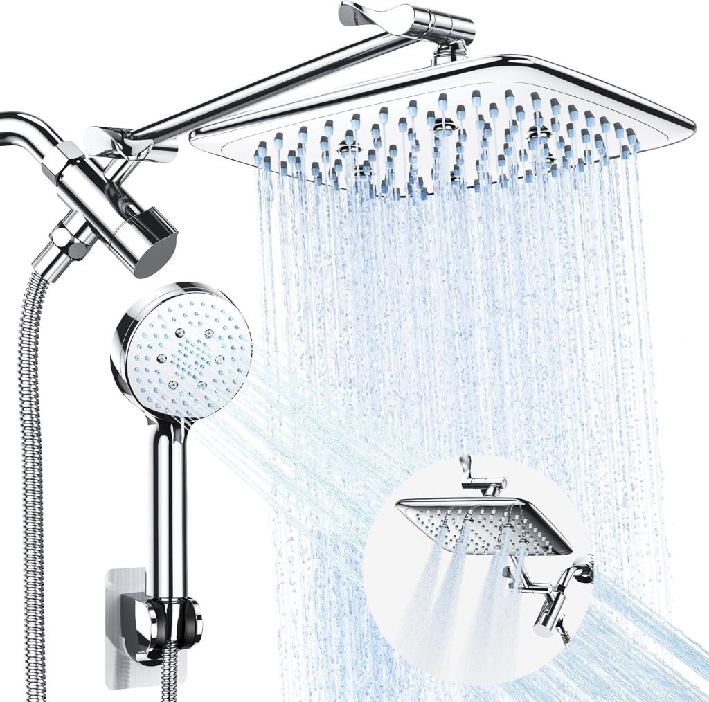Veken High Pressure Rain Shower Head Combo with Extension Arm – Easy to Install, Adjustable Dual Showerhead with 3 Spray Modes  Anti-Clog Nozzles – Chrome