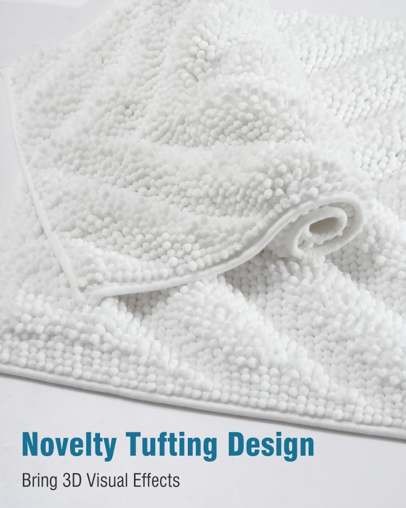 AMOAMI Unique Chenille Bathroom Rugs Super Absorbent Non Slip Bath Mat for Bathroom Floor 3D Tufted Thick Shaggy Bath Rugs Luxury Textured Plush Soft Bathroom Mat, Machine Washable, 17 x 24, White