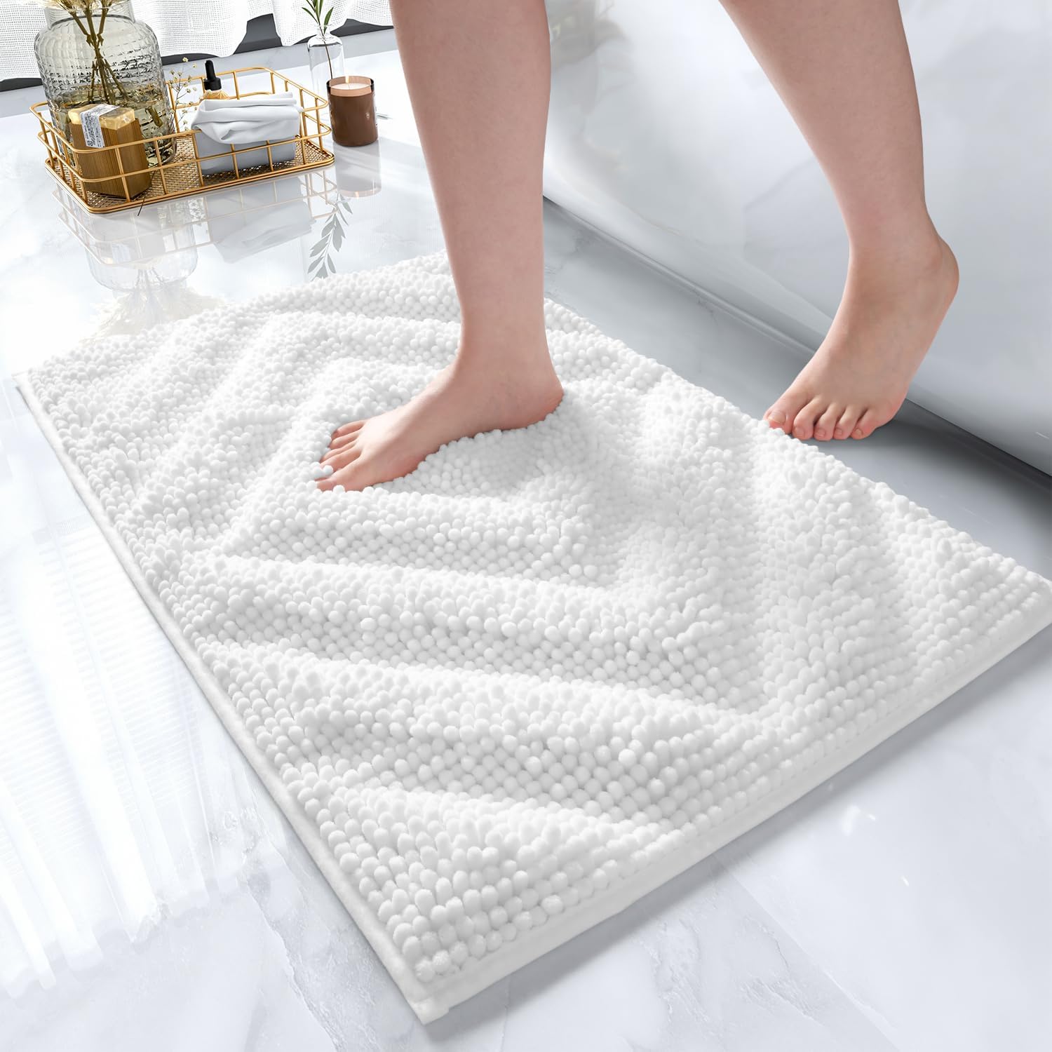 AMOAMI Unique Chenille Bathroom Rugs Super Absorbent Non Slip Bath Mat for Bathroom Floor 3D Tufted Thick Shaggy Bath Rugs Luxury Textured Plush Soft Bathroom Mat, Machine Washable, 17 x 24, White