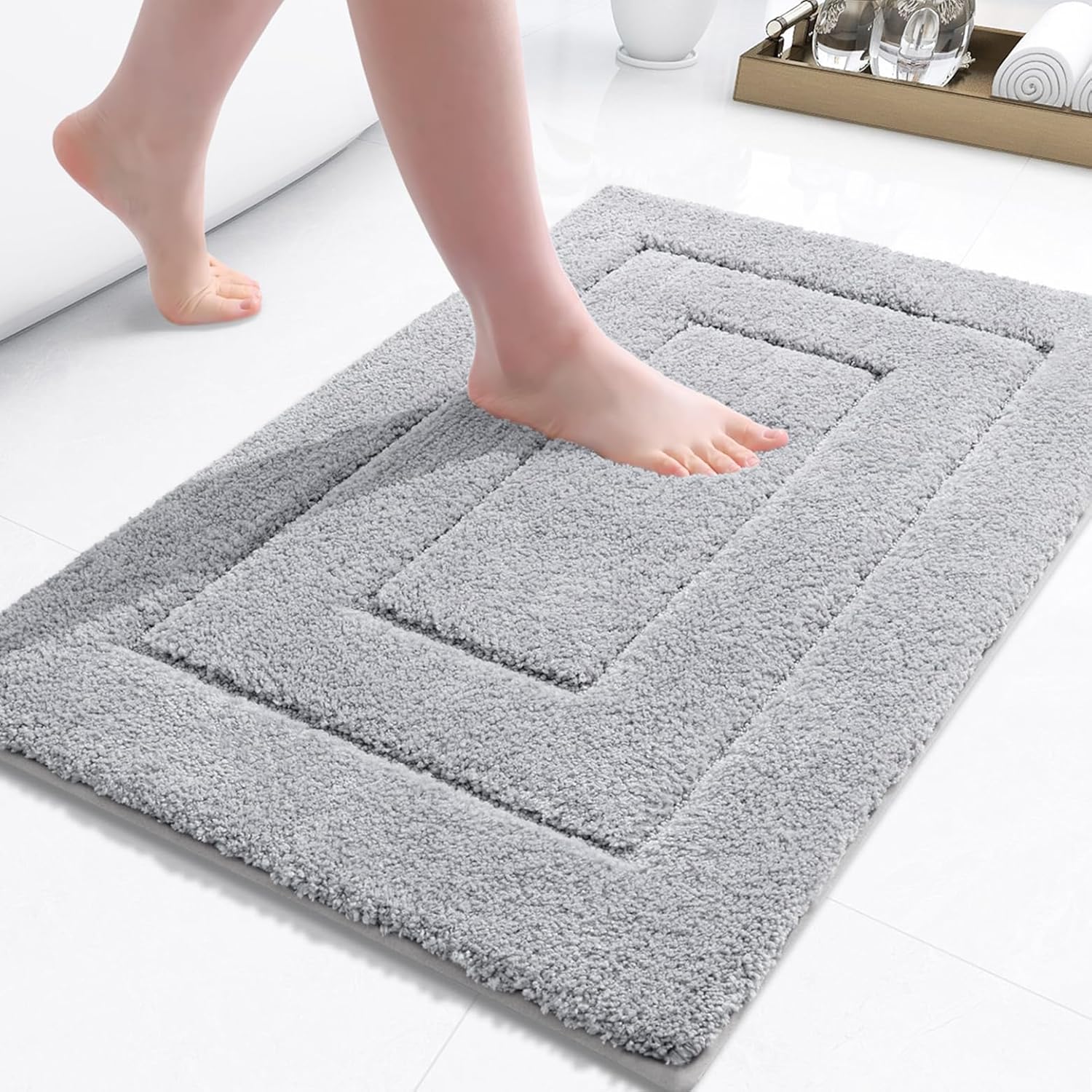 Buganda Bathroom Rugs, 24 x 16, Soft and Absorbent Microfiber Bath Rugs, Non-Slip Shaggy Shower Carpet, Machine Wash Dry Bath Mats for Bathroom Floor, Tub and Shower, Grey