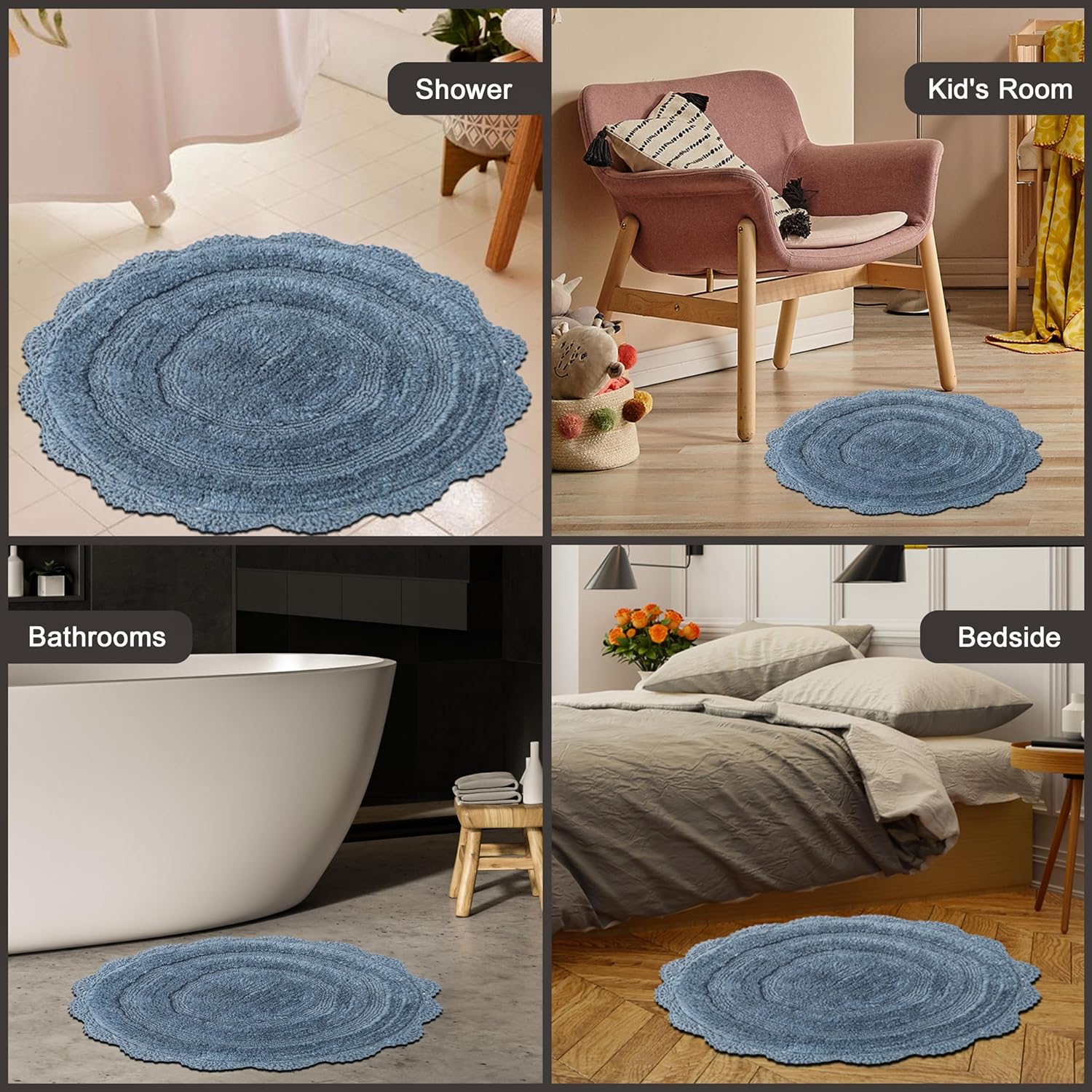 Chardin home Provincial Blue Crochet Bathrug,100% Cotton Round bathmat with artisanally Handcrafted Crochet Border, 24 Inch Diameter, Perfect for Half Baths, Powder Rooms, bathrooms Chardin home Provincial Blue Crochet Bathrug,100% Cotton Round bathmat with artisanally Handcrafted Crochet Border, 24 Inch Diameter, Perfect for Half Baths, Powder Rooms, bathrooms