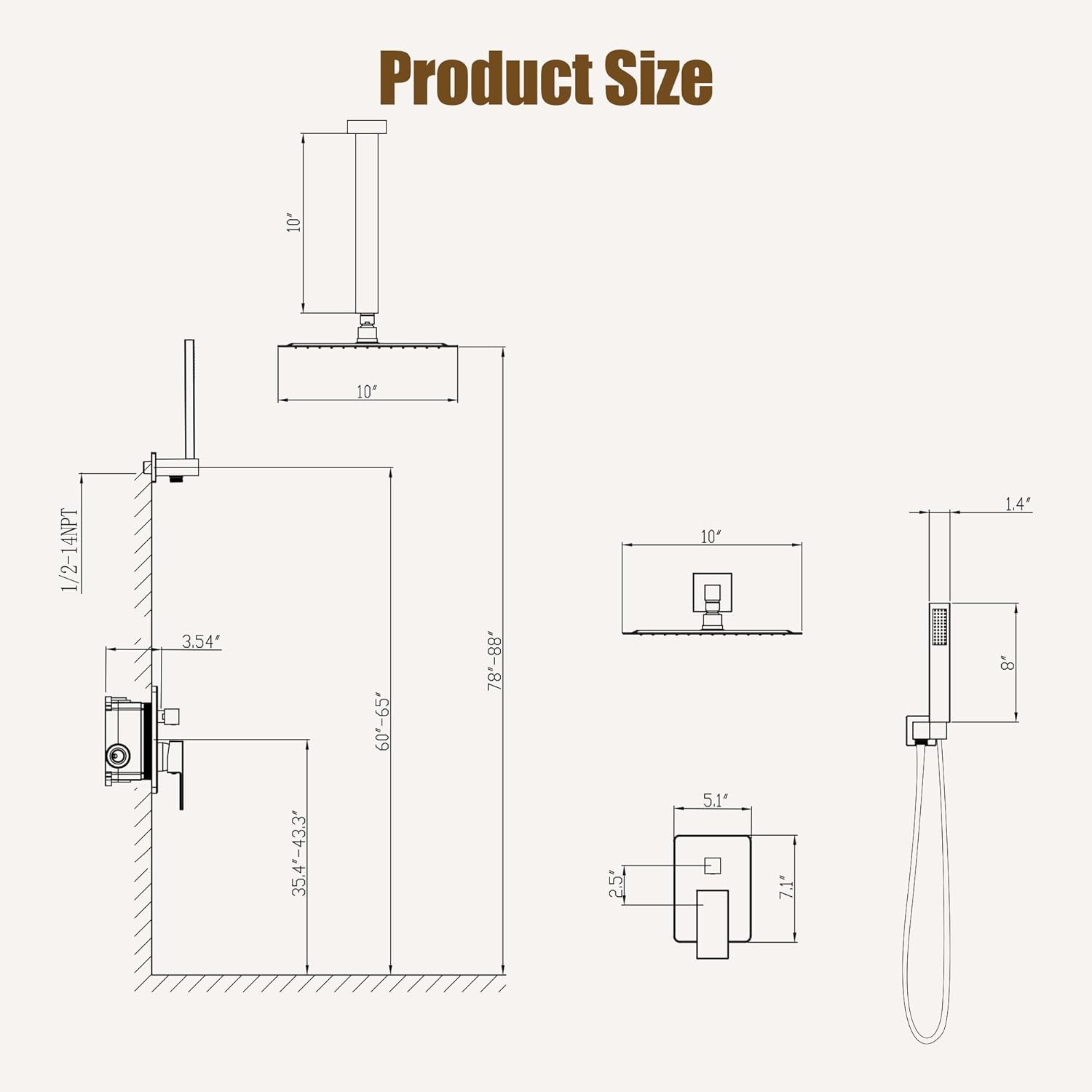 ESNBIA Shower Head System Gold, All Metal Ceiling Shower Faucet Set with Pressure Balance Valve Kit, 10 Inches Rain Head with Handheld Spray, Brushed Gold