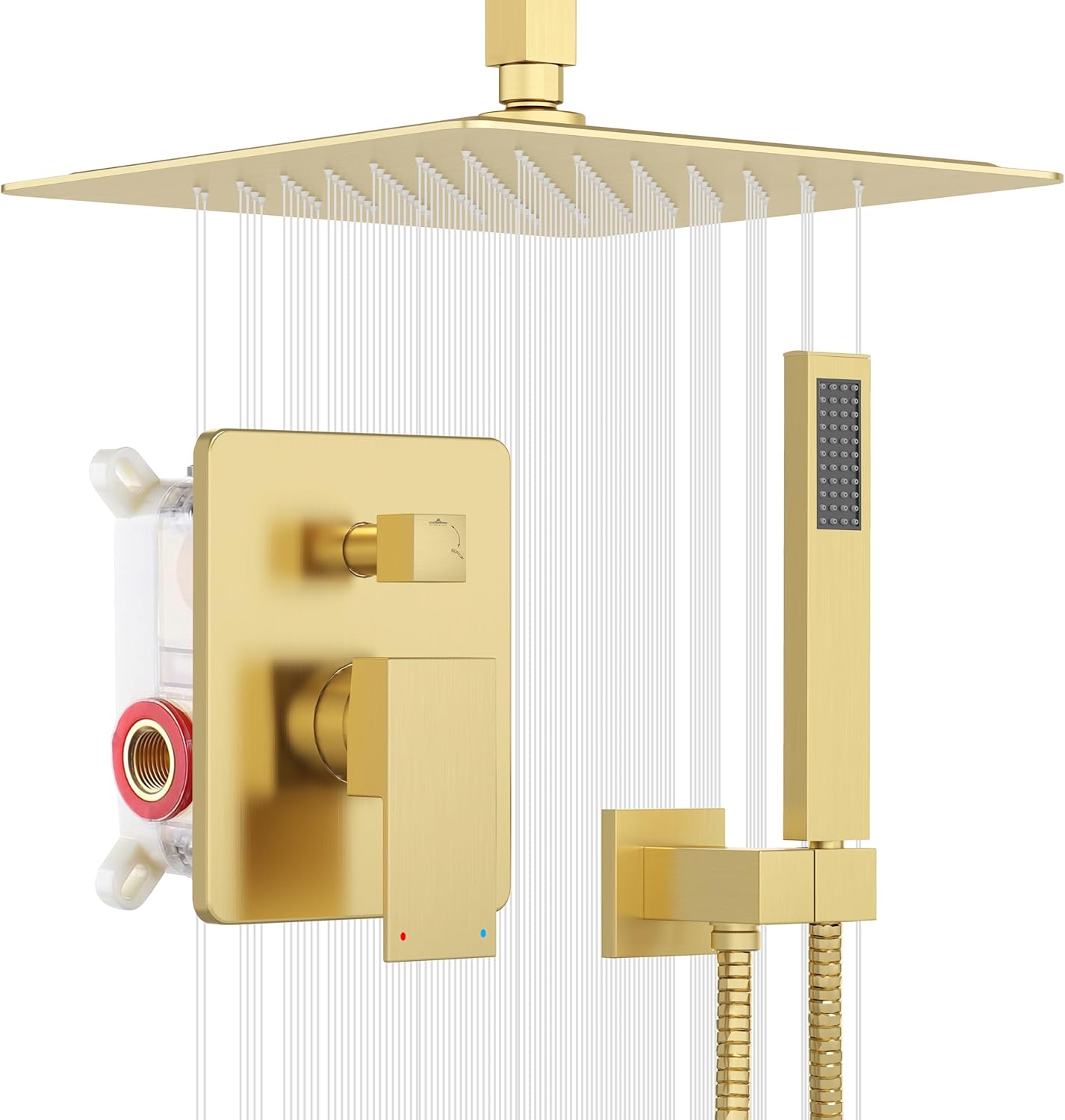 ESNBIA Shower Head System Gold, All Metal Ceiling Shower Faucet Set with Pressure Balance Valve Kit, 10 Inches Rain Head with Handheld Spray, Brushed Gold