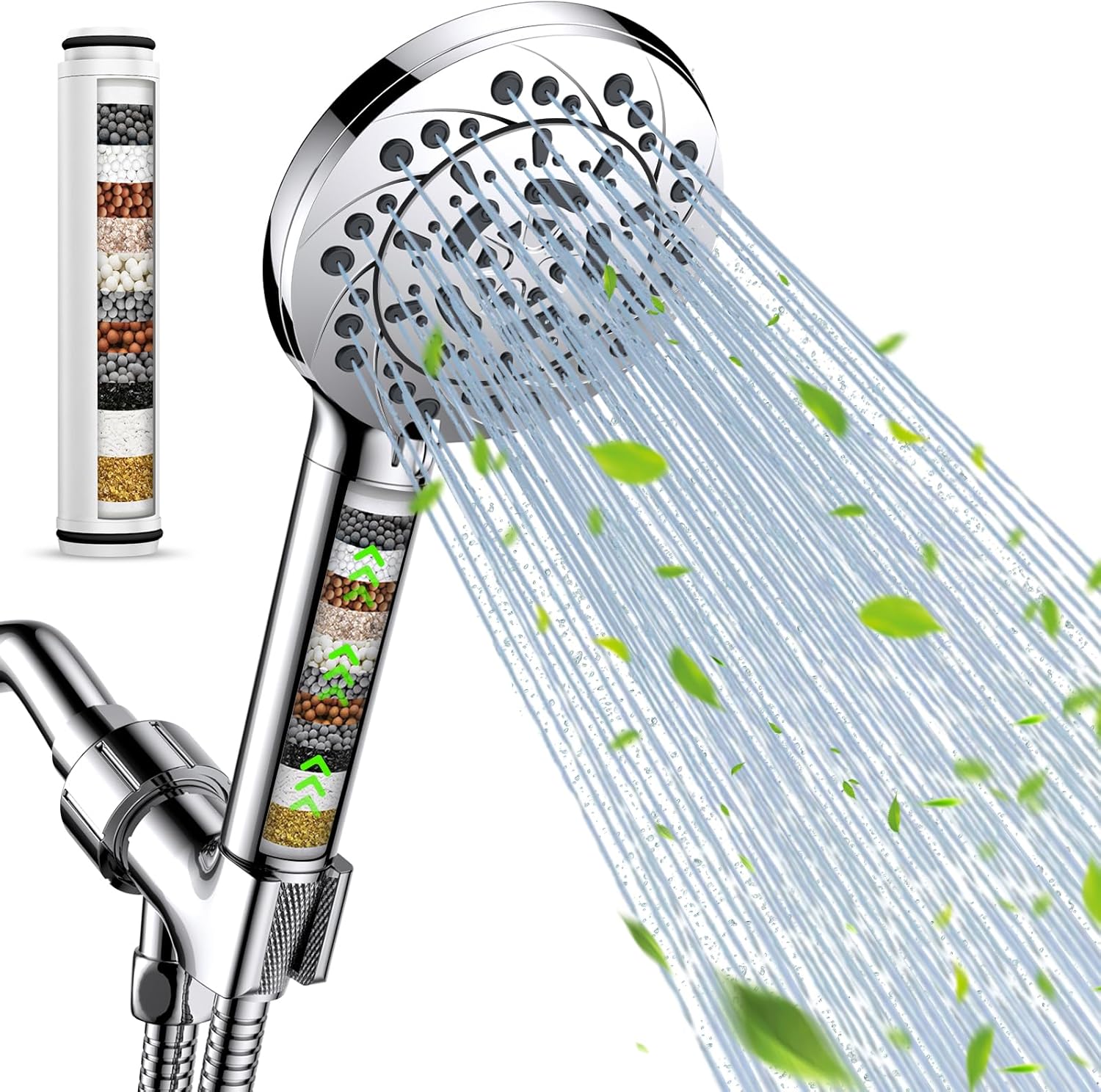 Filtered Shower Head with Handheld, High Pressure 5 Spray Modes Showerhead with Hose, Bracket and 15 Stages Water Softener Filters Beads for Hard Water Remove Chlorine and Harmful Substance