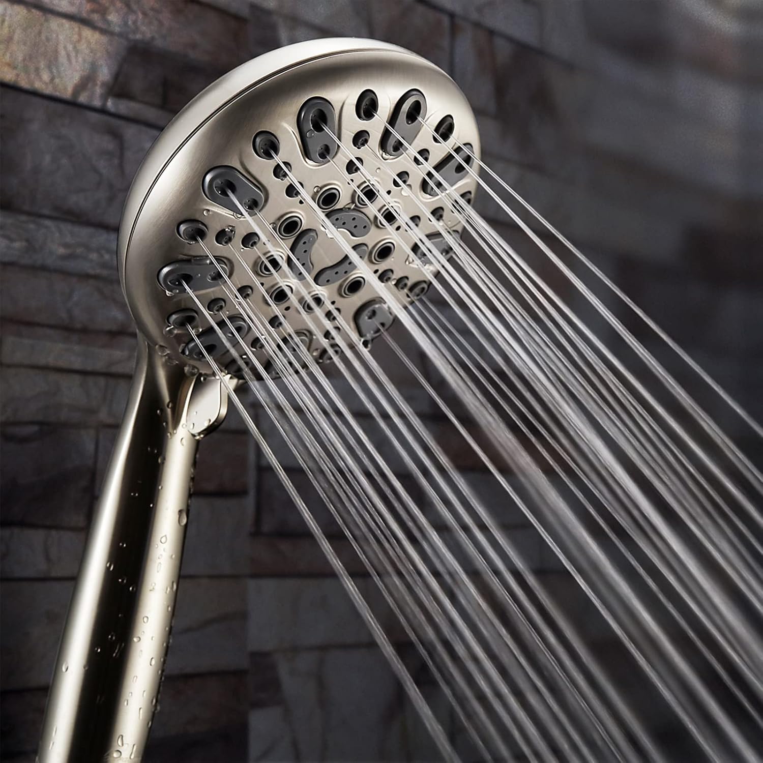 Handheld Shower Head, 6 Spray Setting High Pressure Shower Head with Brass Swivel Ball Bracket and Extra Long Stainless Steel Hose, Brushed Nickel, 5
