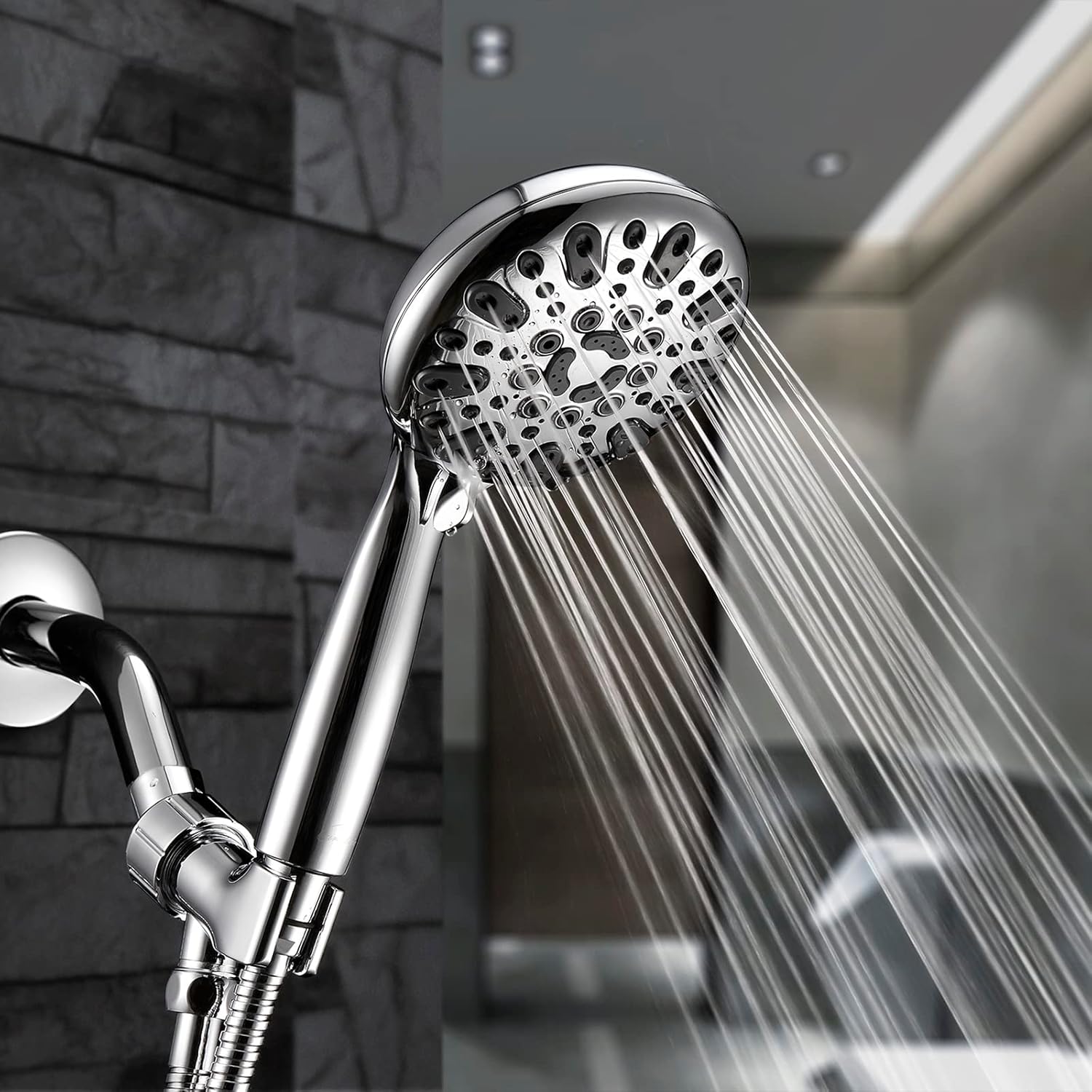 Handheld Shower Head, 6 Spray Setting High Pressure Shower Head with Brass Swivel Ball Bracket and Extra Long Stainless Steel Hose, Brushed Nickel, 5